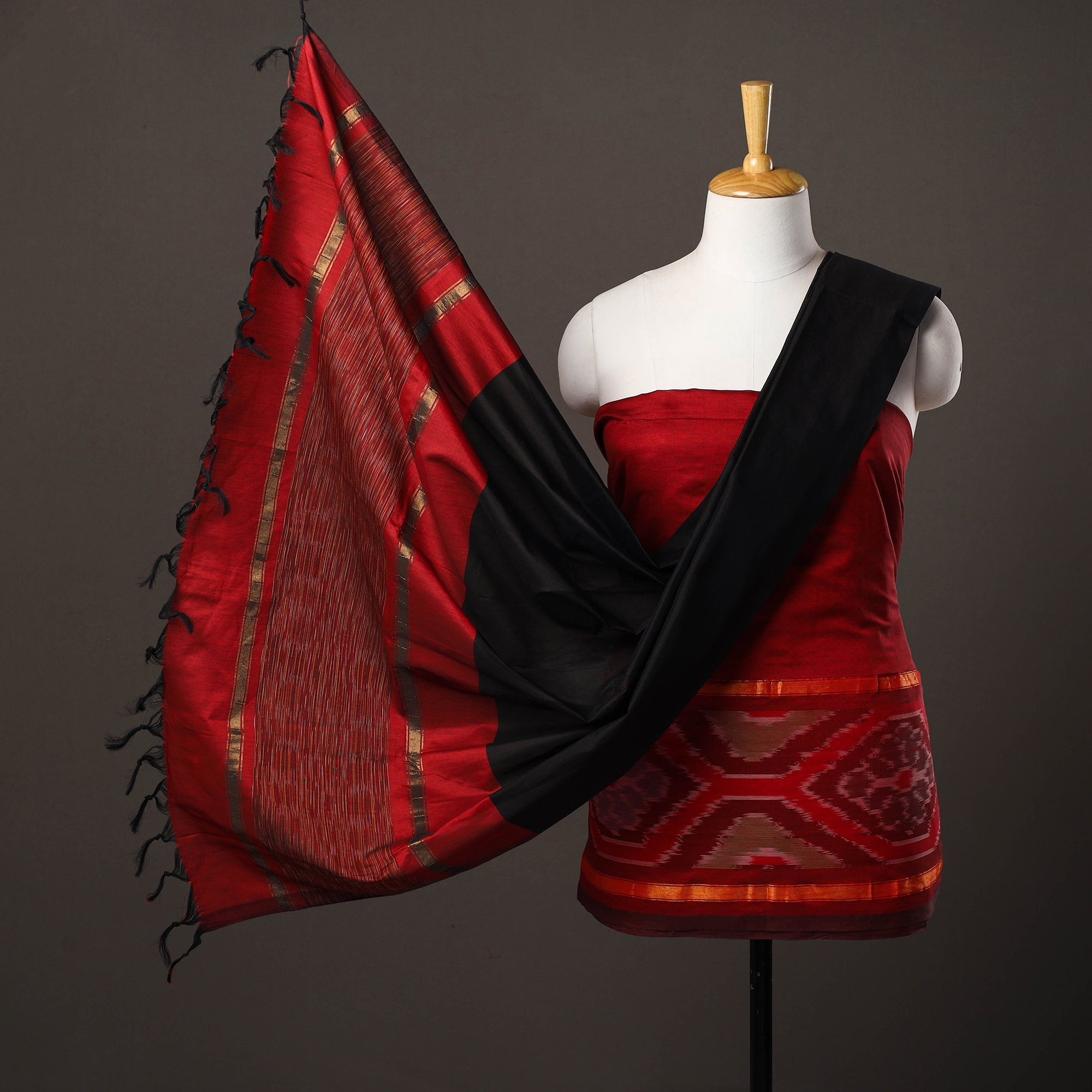 SOUTH KARGHA Red - 3pc Handloom Silk Cotton Pochampally Ikat Dress Material 49