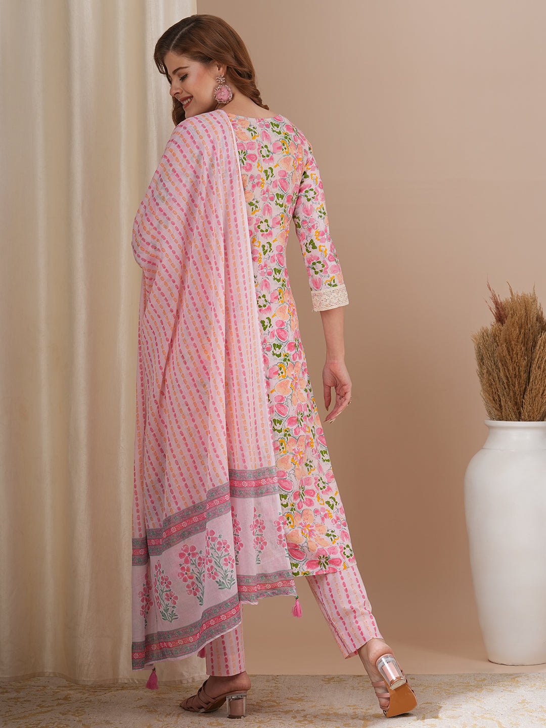 FASHOR Floral Printed & Embroidered Straight Kurta with Pant & Dupatta - Pink - view 6