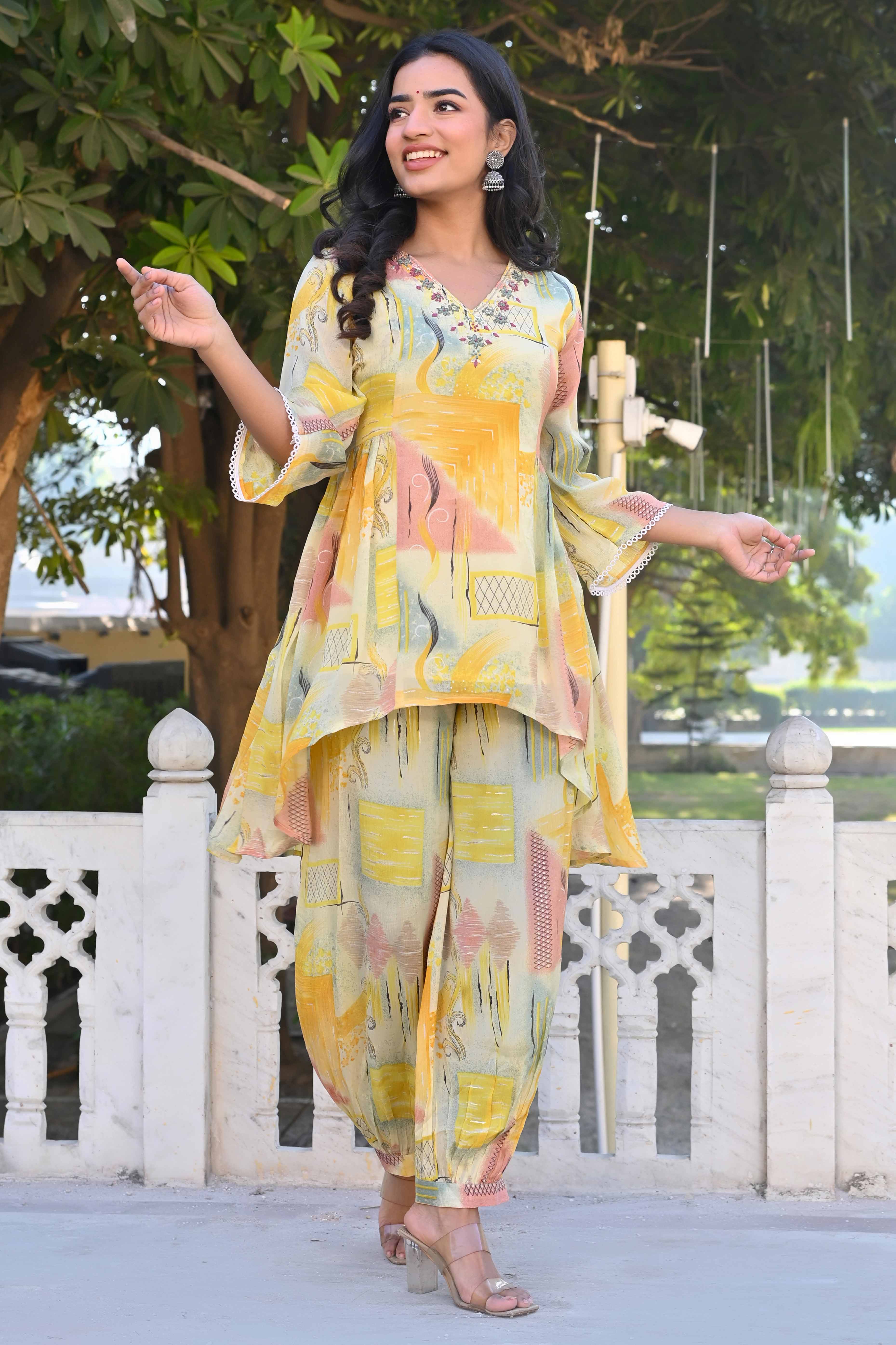 Peachmode Cream & Yellow Printed With Embroidered Pure Chinon A-Line Co-Ord Set - view 3