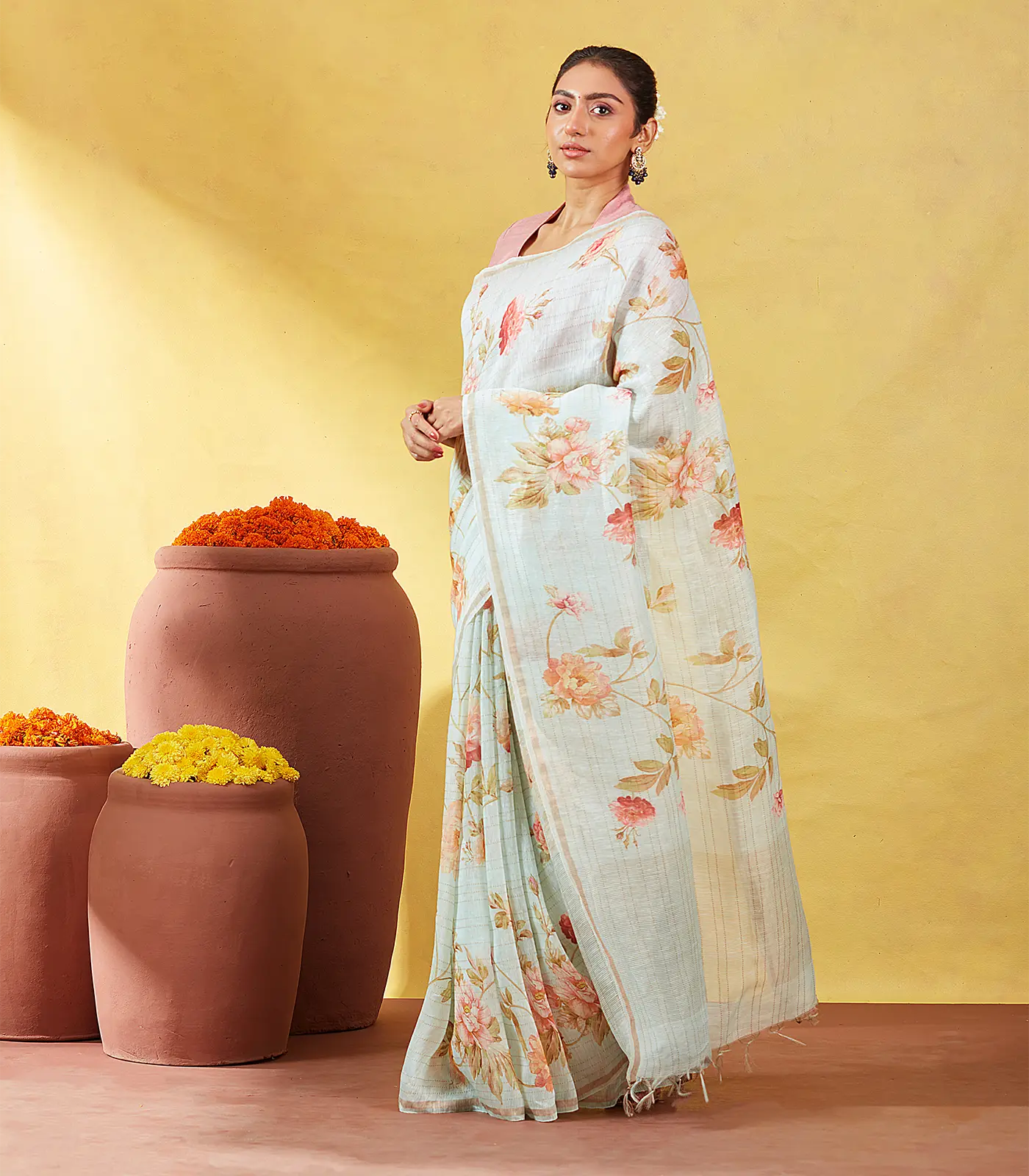 RmKV Turquoise Handloom Linen Saree With Printed Floral Motifs & Stripes
