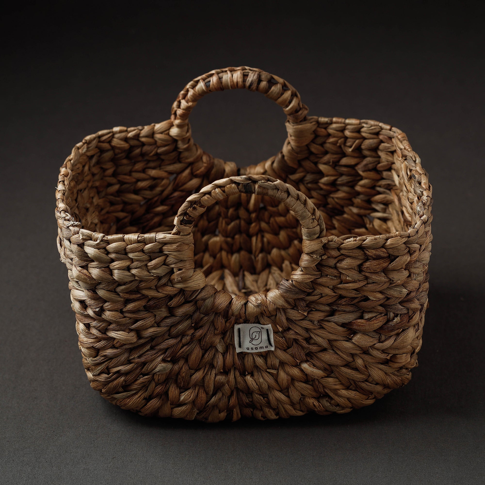 ASAMA Brown - Handcrafted Organic Water Hyacinth Bamboo Handle Basket Medium (8.5 x 6 in)