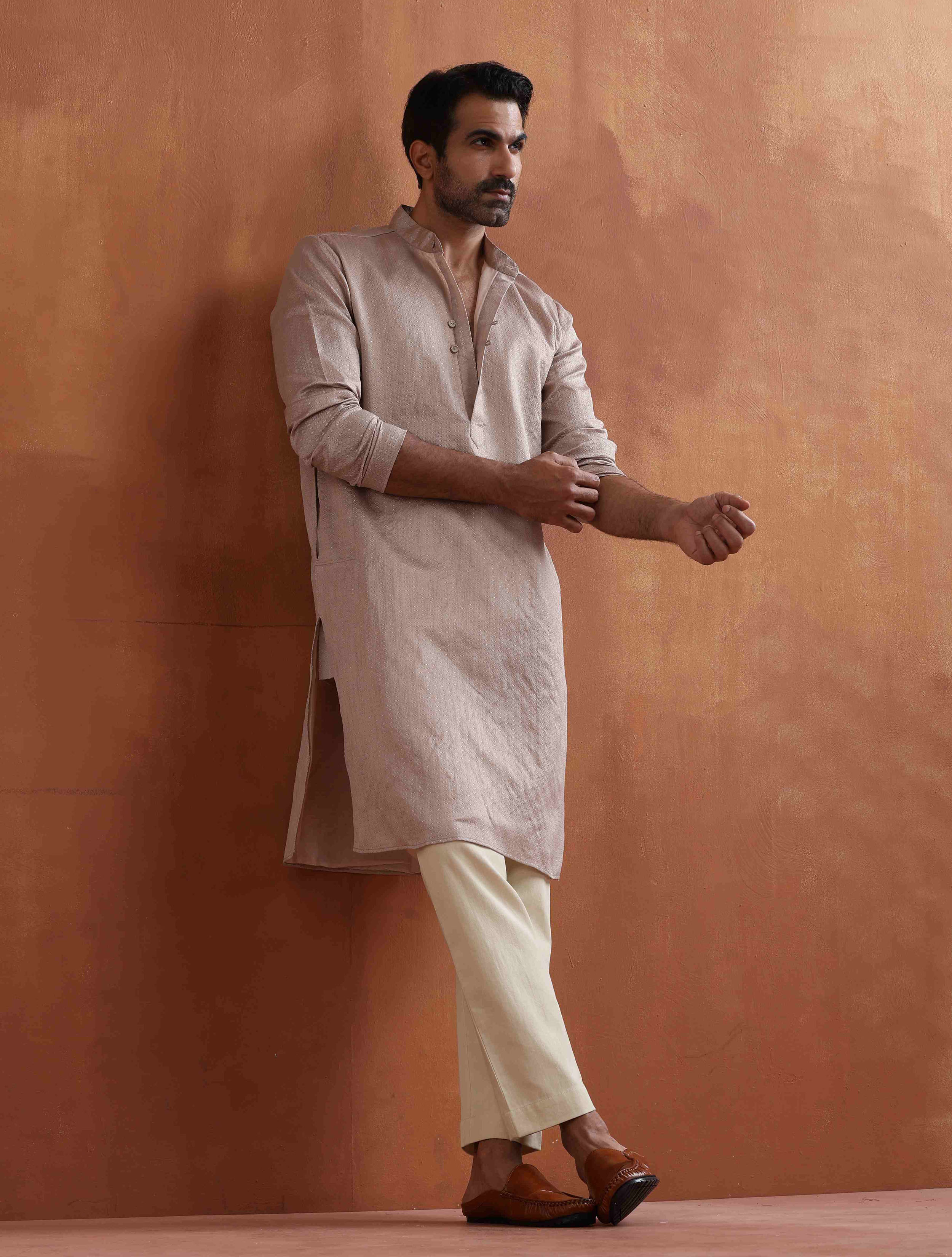 trueBrowns Men's Beige Sequin Chanderi Kurta - view 2