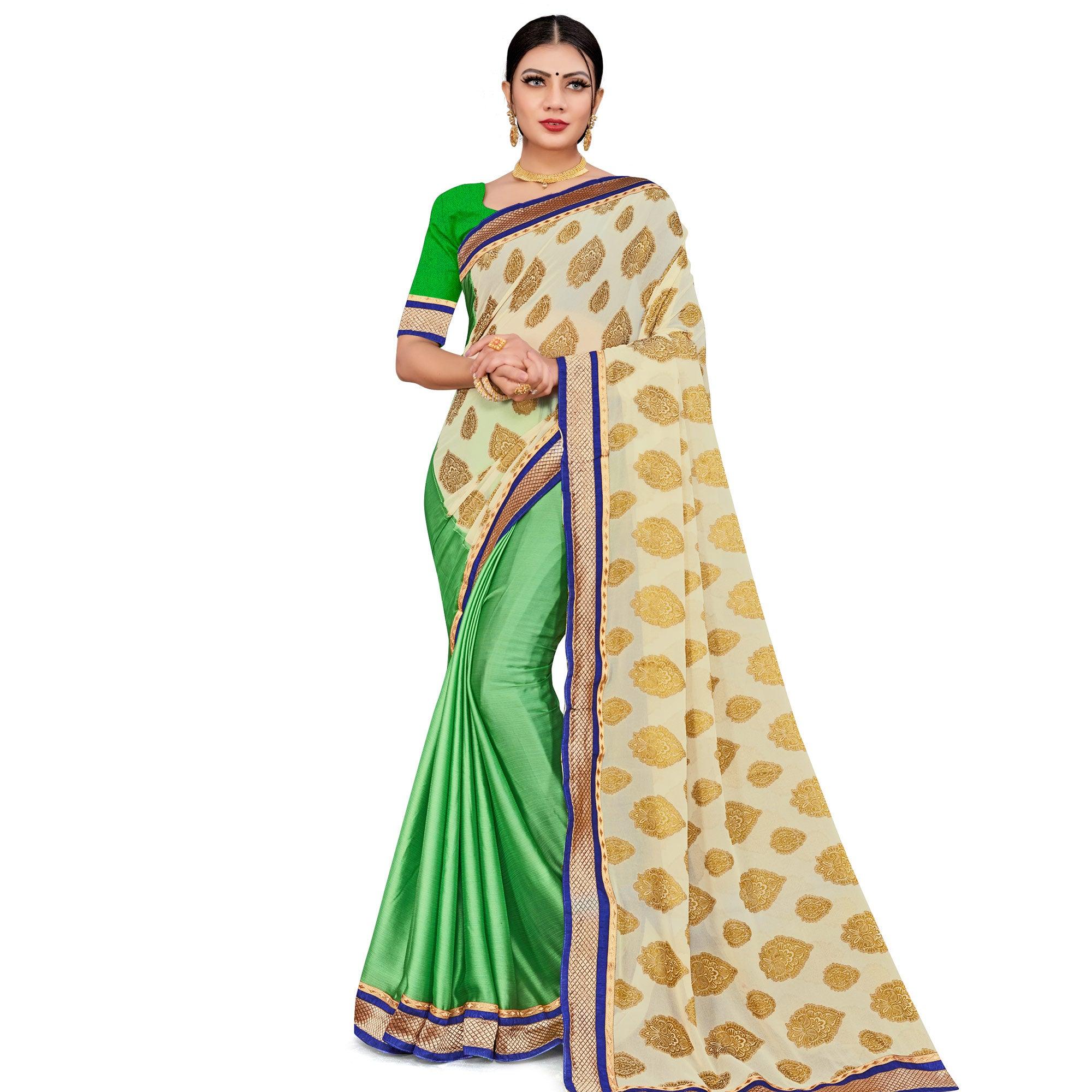 Peachmode Classy Green-Cream Colored party Wear Georgette Half-Half Saree