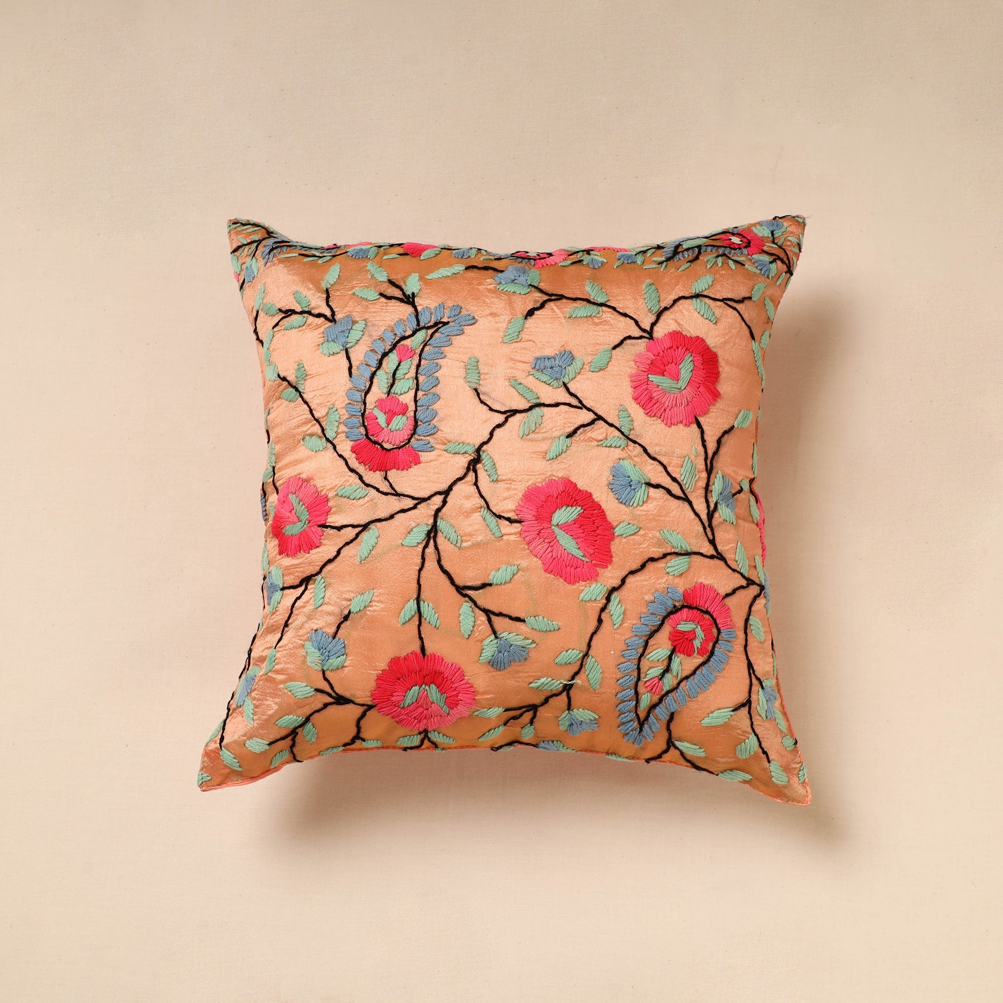 ITOKRI CRAFTS INITIATIVE Brown - Chanderi Silk Phulkari Hand Embroidered Cushion Cover