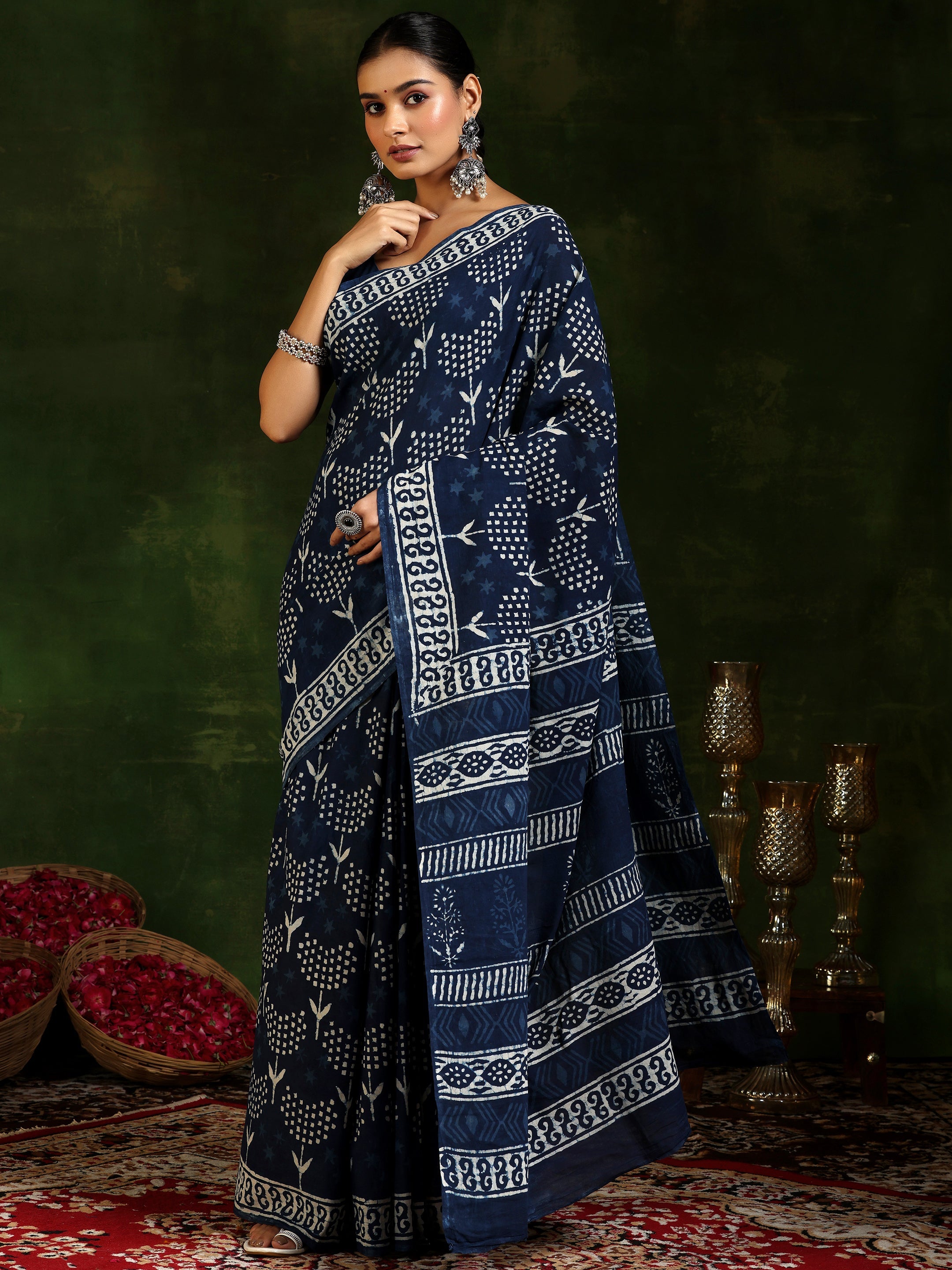 Libas Indigo Printed Cotton Saree With Unstitched Blouse Piece - view 2