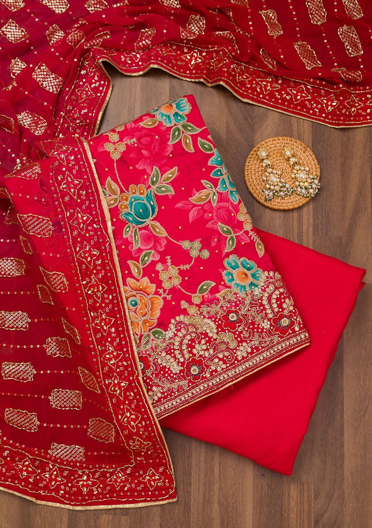 Koskii Red Printed Semi Crepe Unstitched Salwar Suit