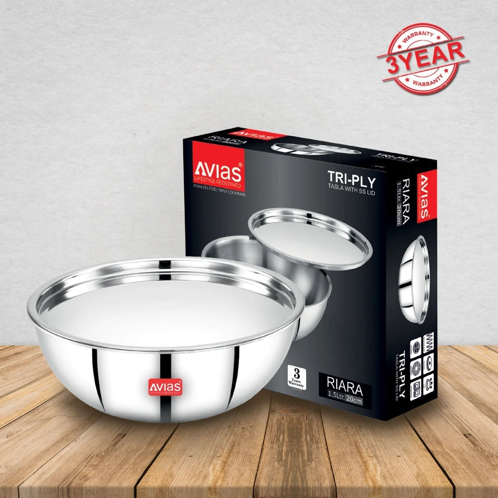 AVIAS Riara Premium Stainless Steel Tri-Ply Tasla With Steel Lid | Gas & Induction Compatible | Silver | 1 Pc - view 2