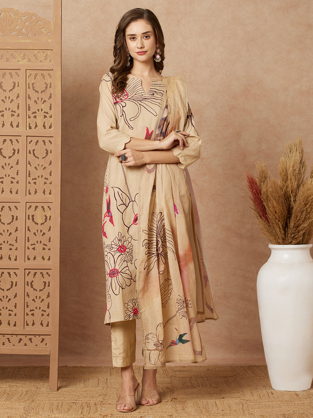 Fashor Floral Abstract Printed & Hand Embroidered Kurta with Pant & Dupatta - Beige