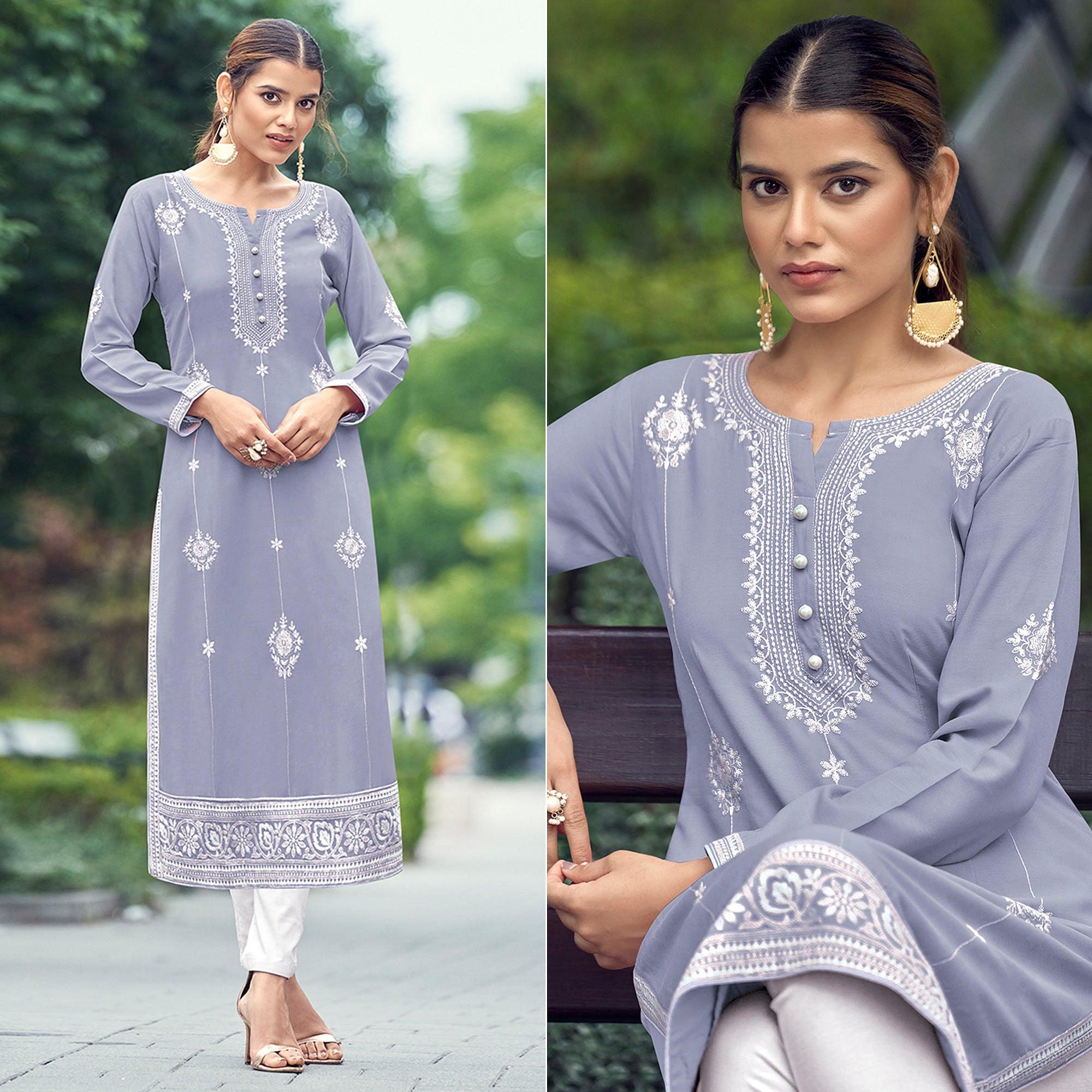 Peachmode Seller Lavender Lakhnawi Work Rayon Kurti