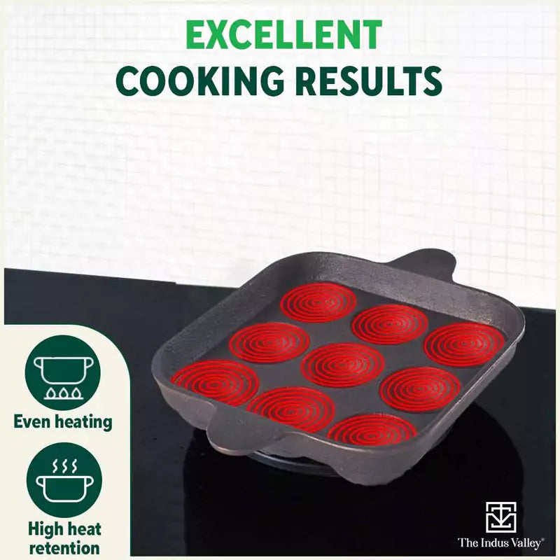 The Indus Valley 9 Pit/Cup CASTrong Cast Iron Paniyaram/Appe Pan+ Free Spatula, Pre-seasoned, Natural Nonstick, 100% Pure, Toxin-free, 24 cm, 1.34 kg - view 8