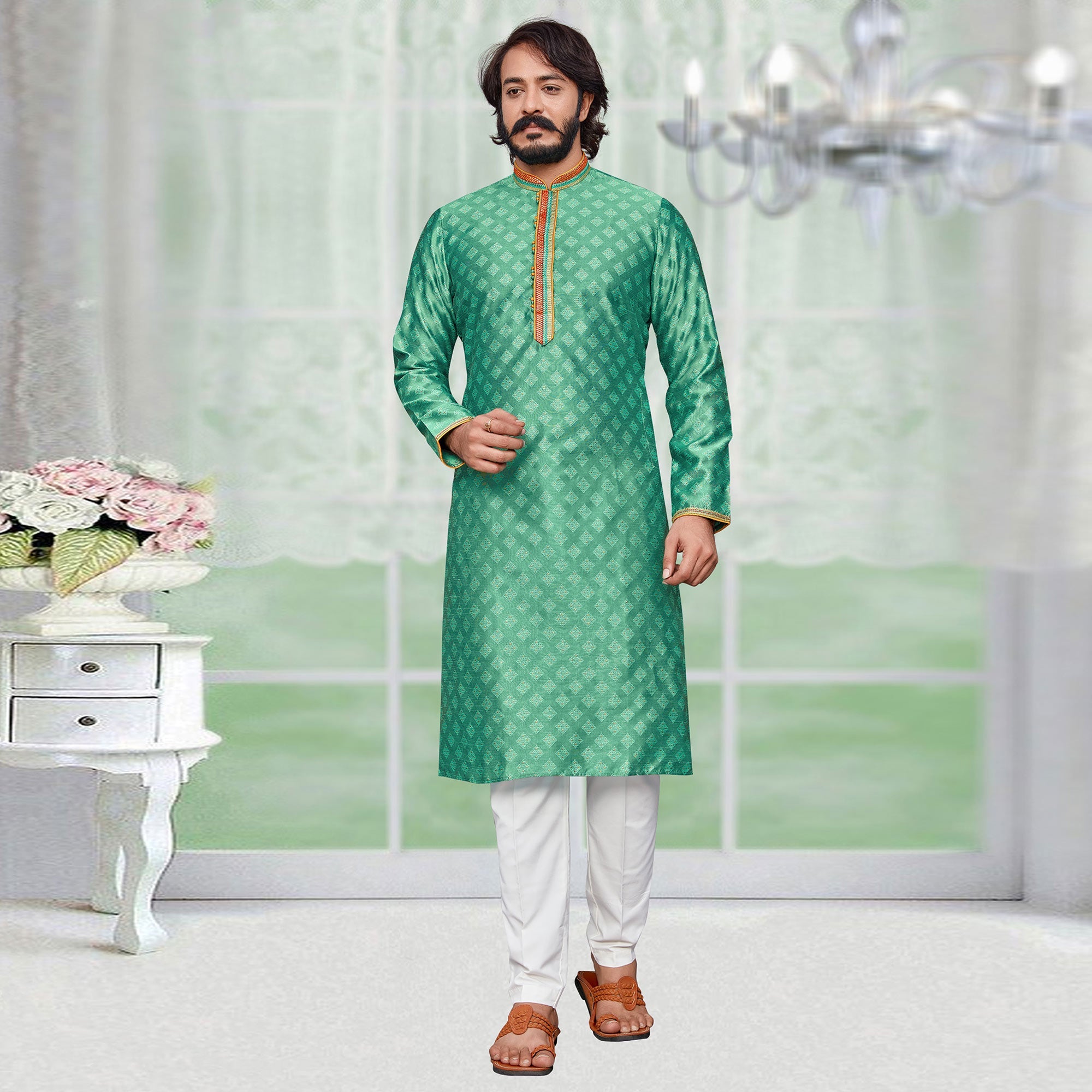 Peachmode Seller Light Green Woven Jacquard Kurta Pyjama Set - view 2