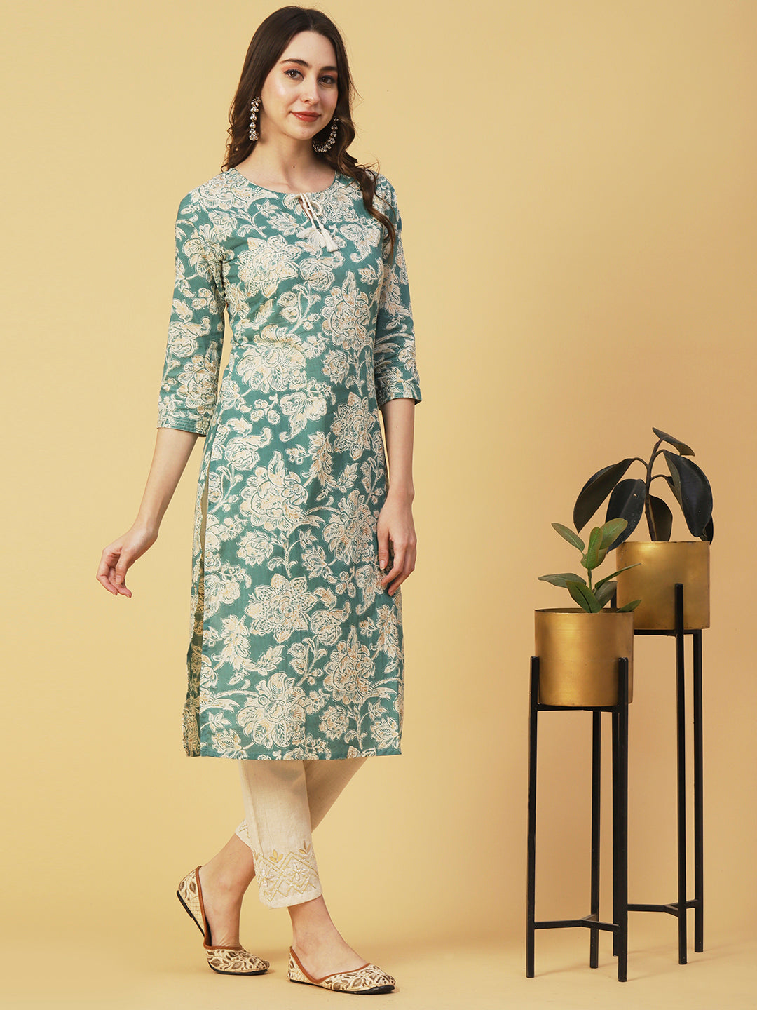 Fashor Floral Block Printed & Khari Printed Zari Embellished Kurta - Green