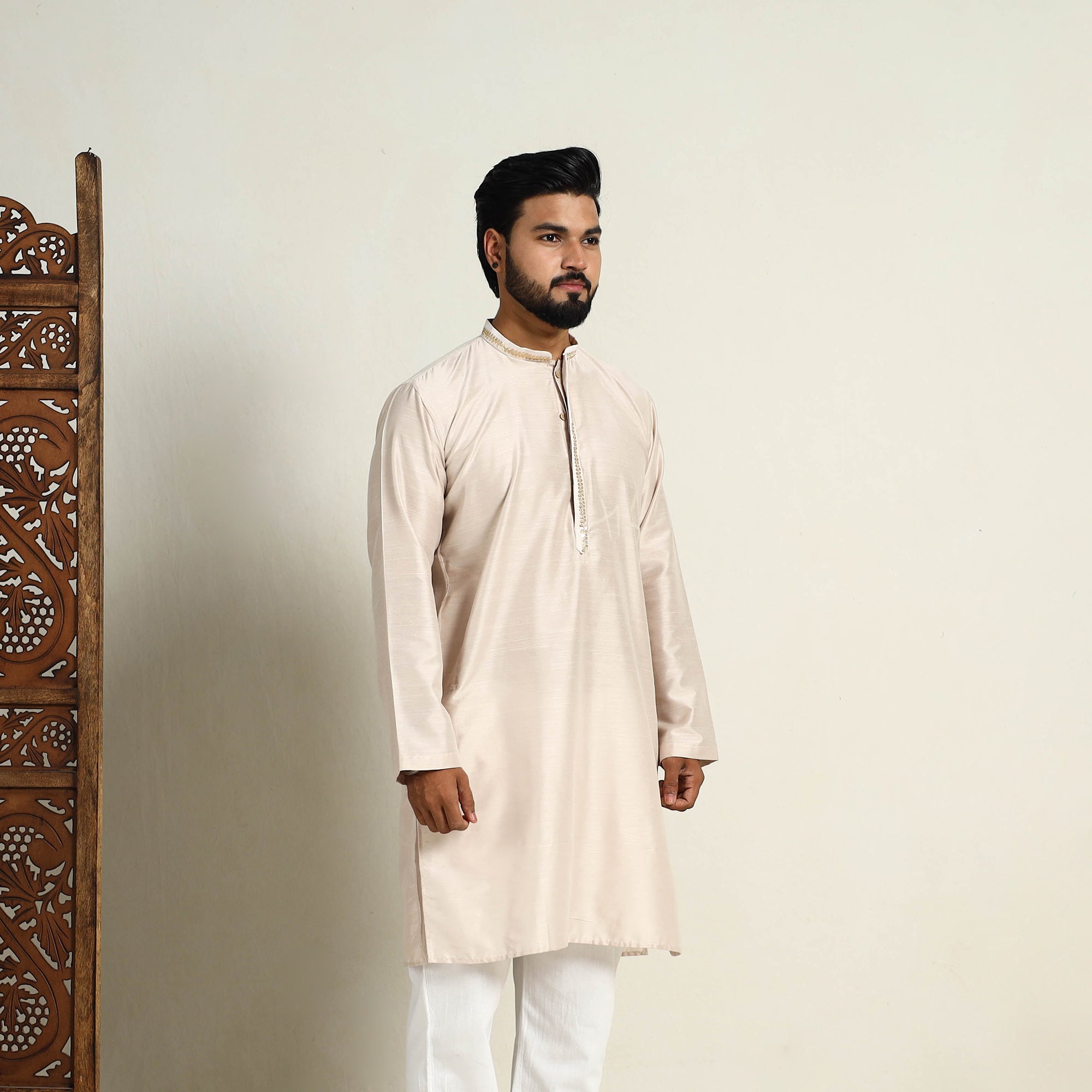 ITOKRI CASUALS Beige - Slub Silk Kurta for Men with Detailed Neckline Work 06 - view 6