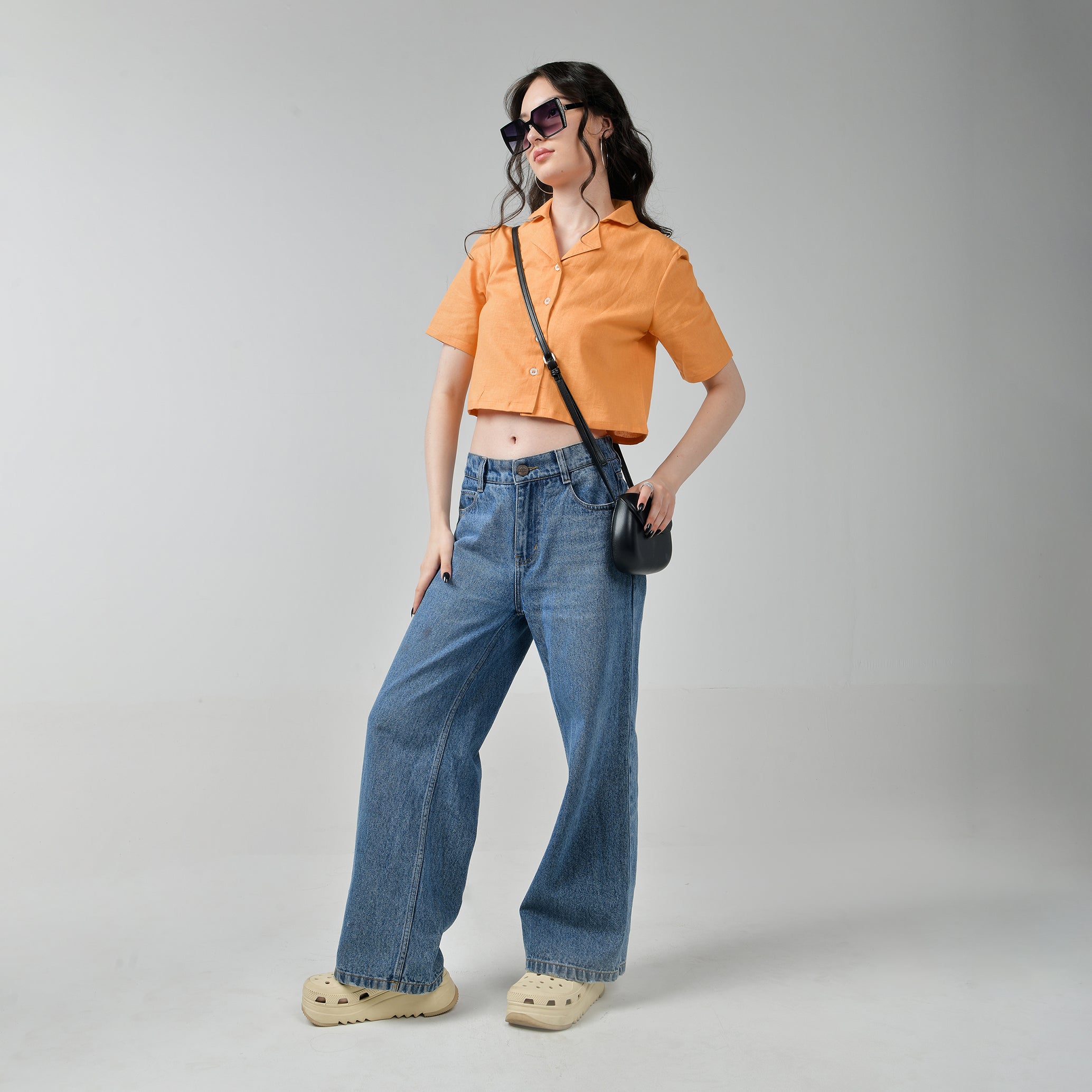 I Z F Baggy Jeans & Orange Crop Linen Shirt Set for Women