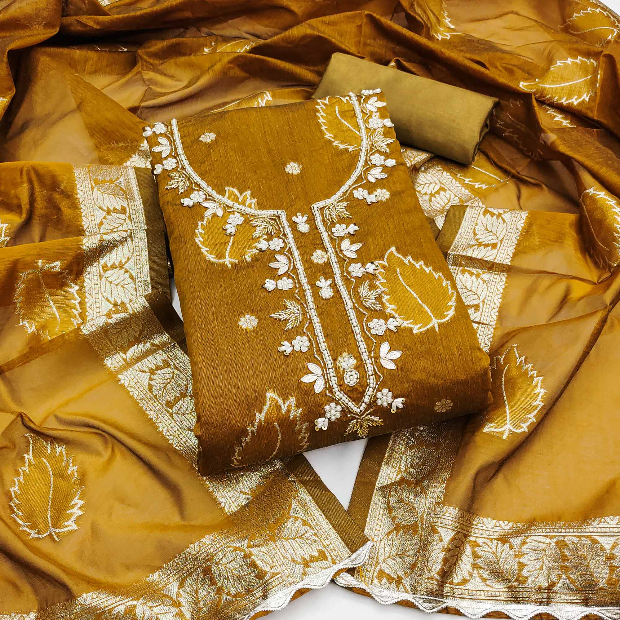 Peachmode Dark Mustard Floral Woven With Handwork Chanderi Banarasi Dress Material