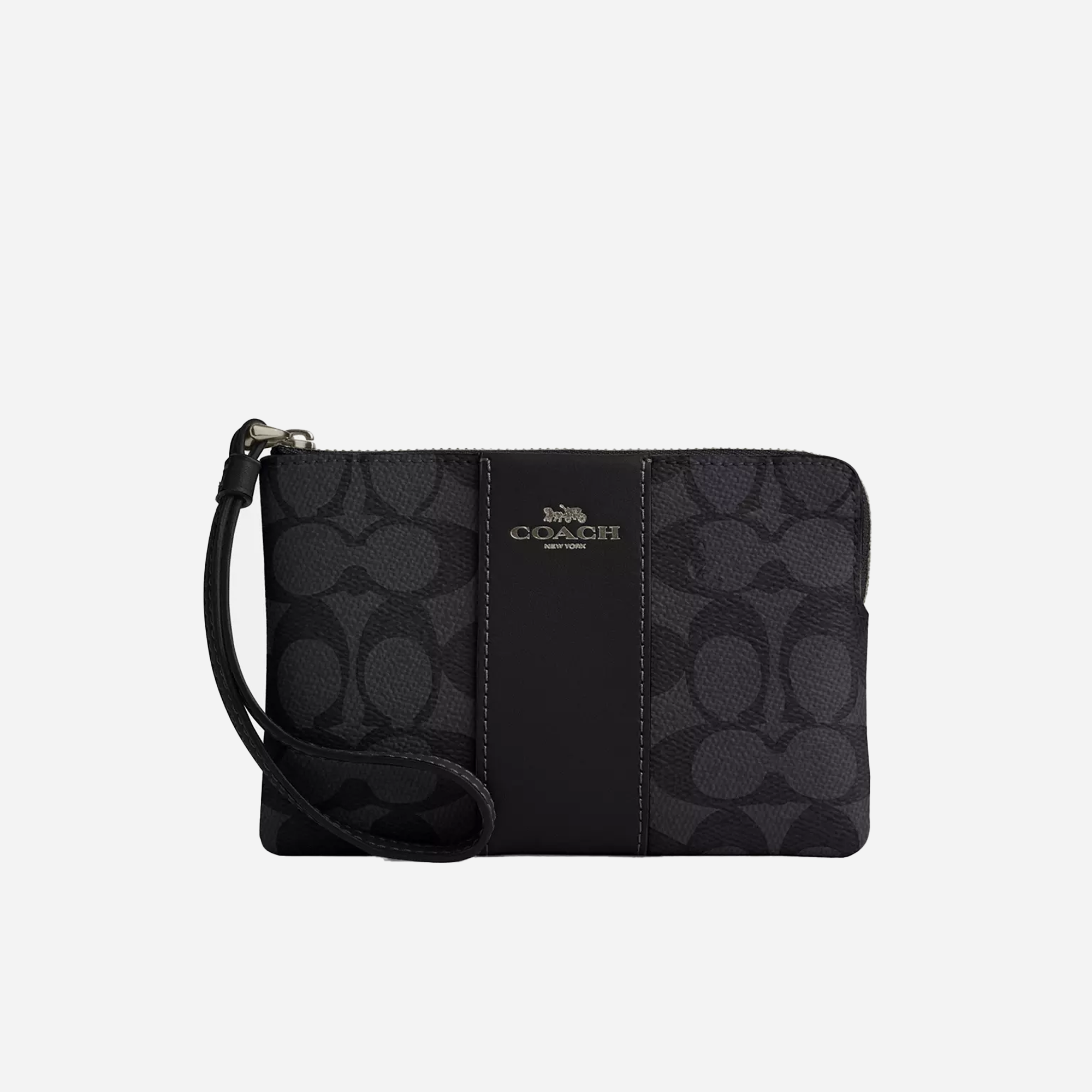COACH Corner Zip Wristlet In Signature Canvas With Stripe Gunmetal/Charcoal/Black