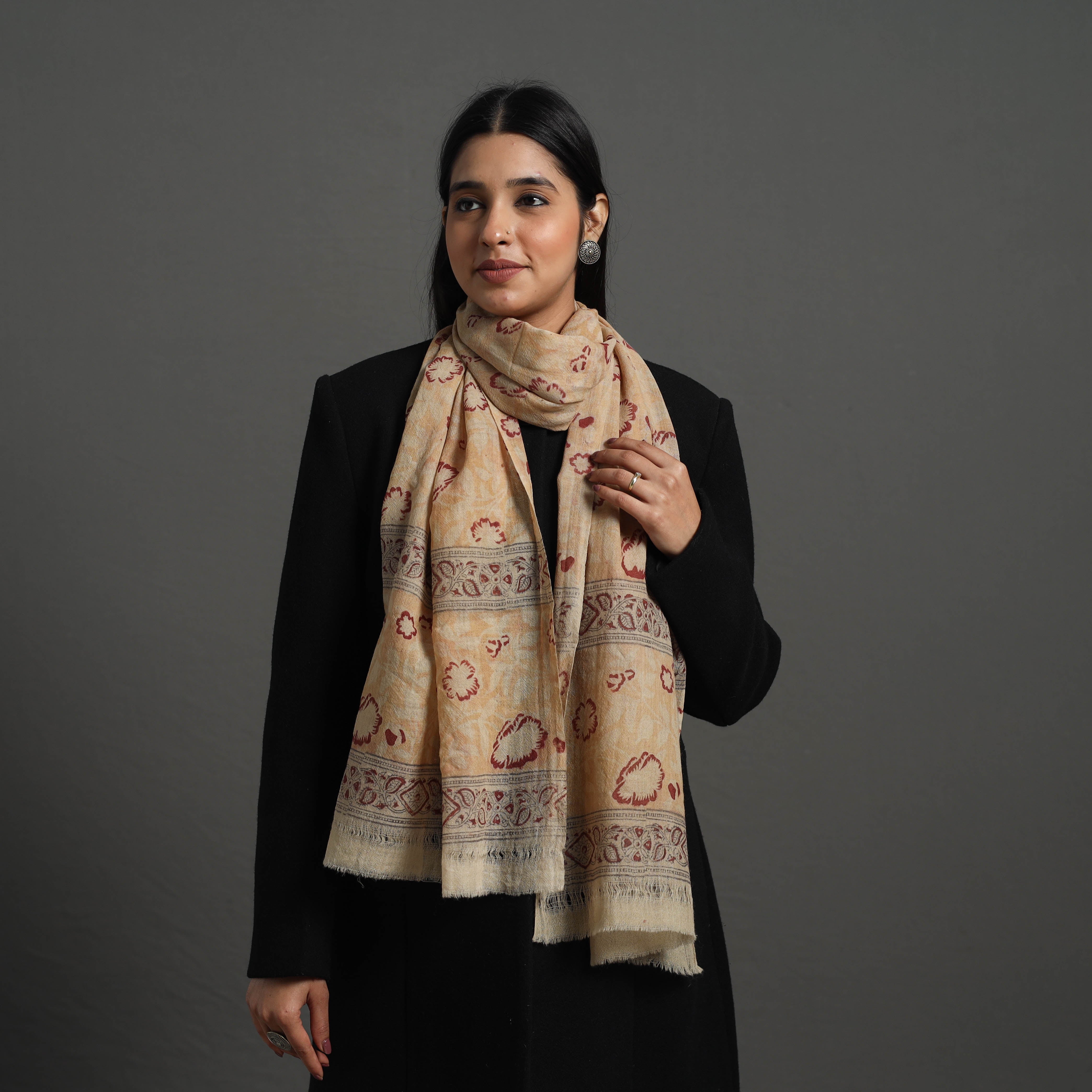 PITCHUKA SRINIVAS KALAMKARI PEDANA Beige - Block Print Pedana Kalamkari Wool Stole 24 - view 2