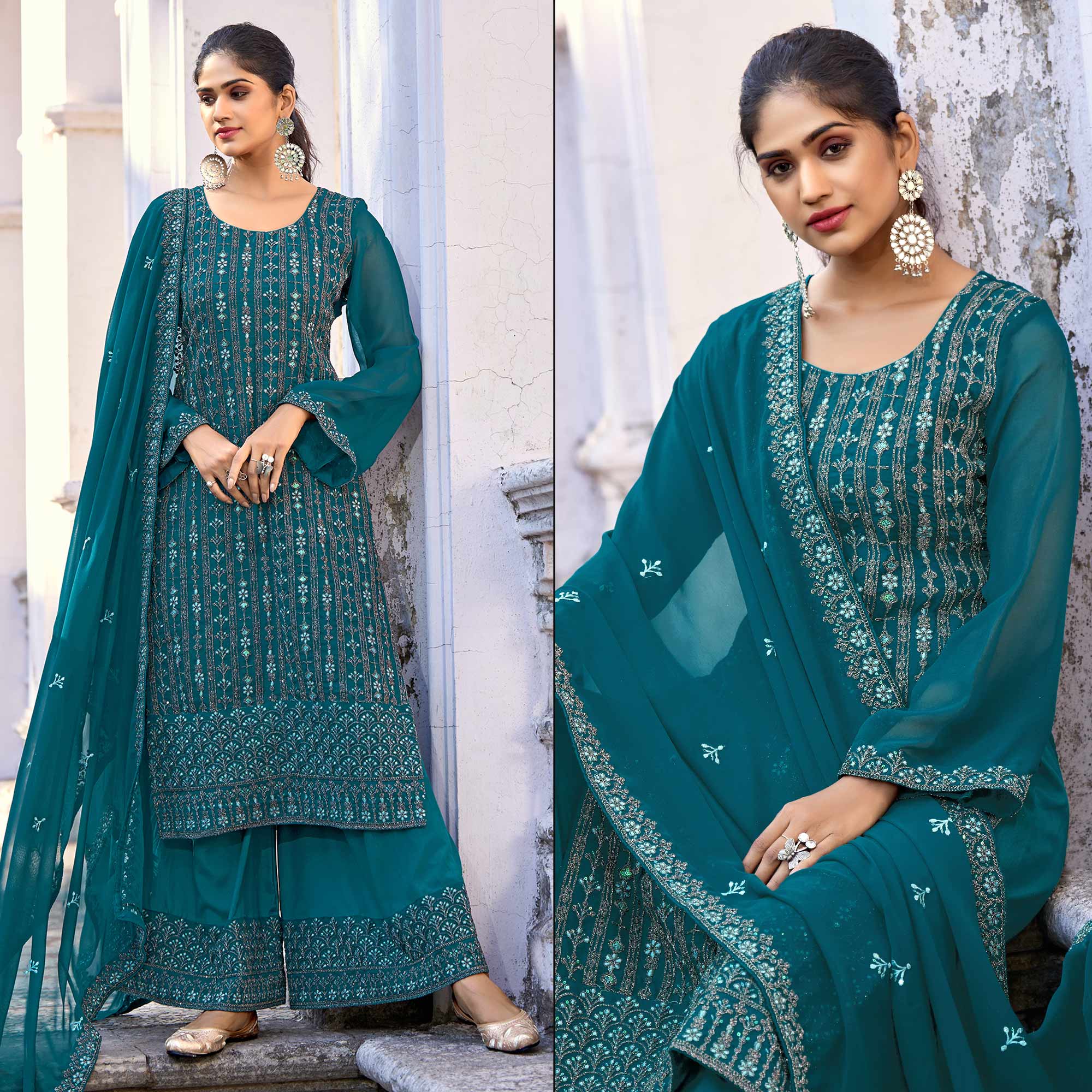 Peachmode Morpich Floral Embroidered Art Silk Suit