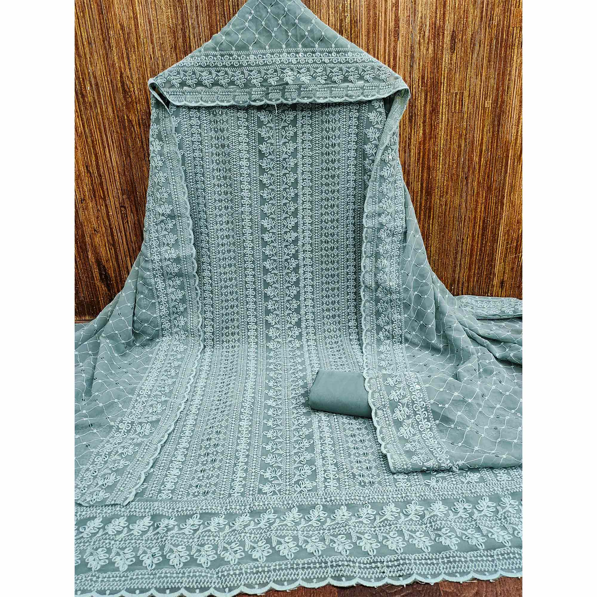 Peachmode Dusty Teal Lucknowi Embroidered Georgette Dress Material - view 3