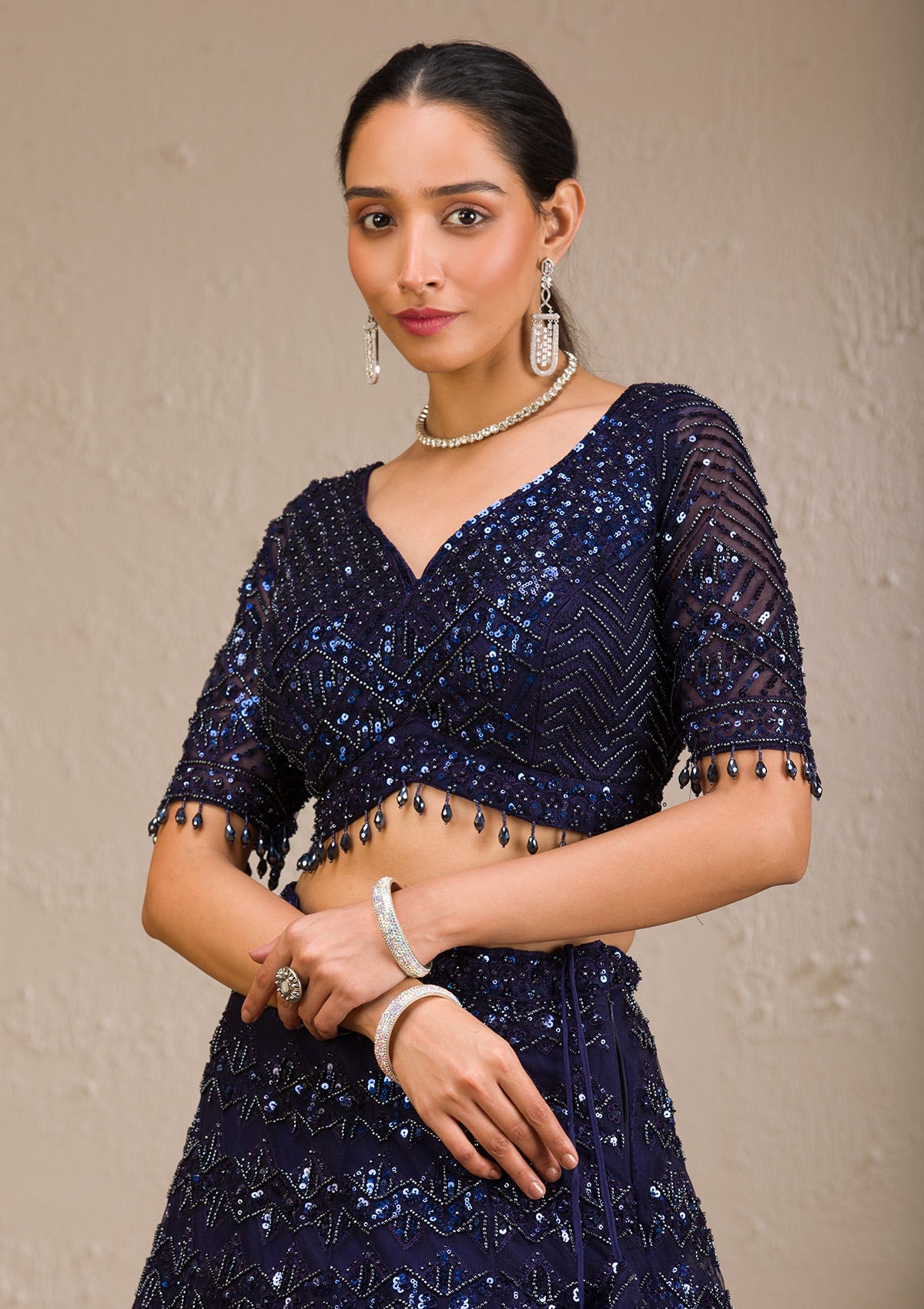 Koskii Navy Blue Sequins Net Readymade Lehenga - view 2