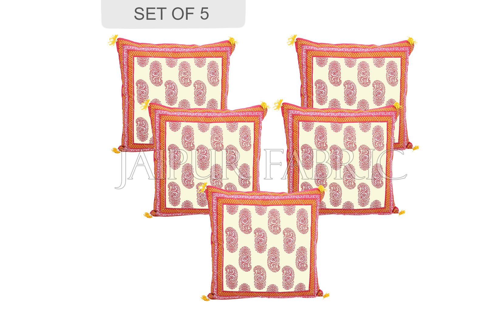 JaipurFabric® Orange Border Keri Block Print Cotton Cushion Cover