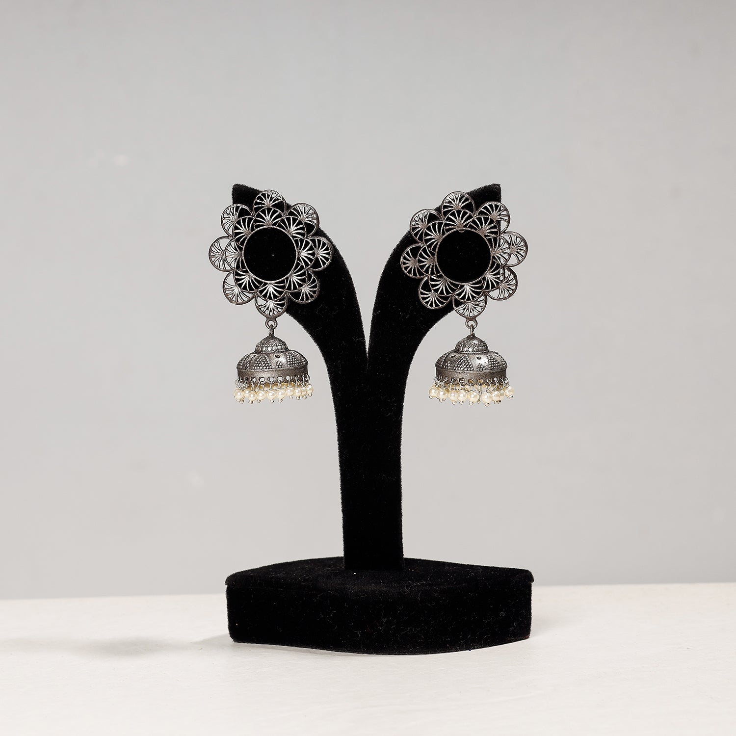 WHITE RIVER STORIES Antique Silver Finish Oxidised Brass Base Jhumki Earrings