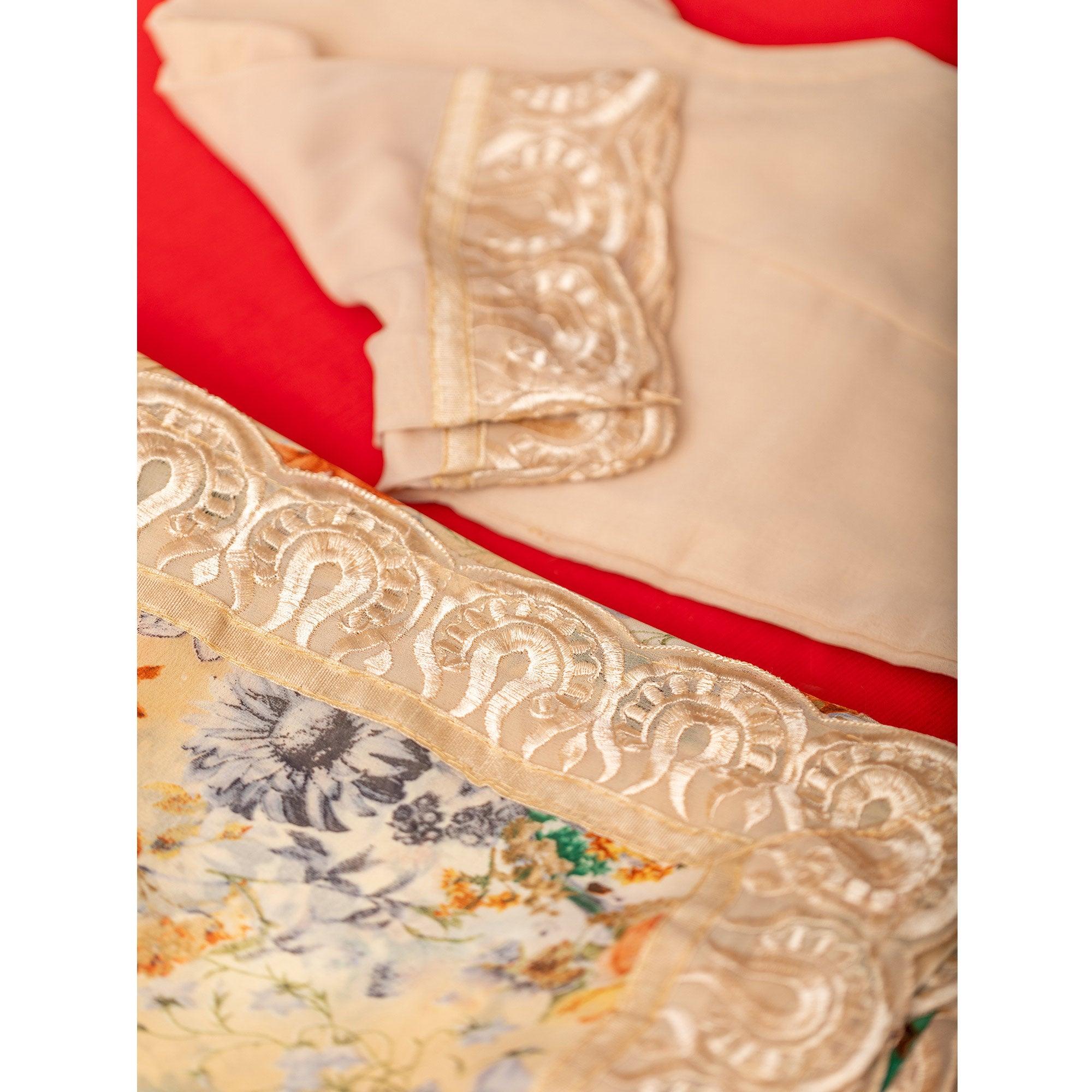 Peachmode Cream Floral Printed With Embroidered Border Georgette Saree - view 6