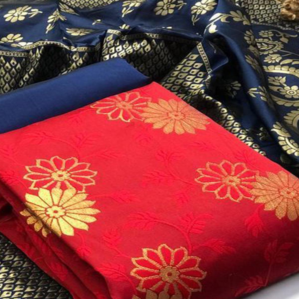 Peachmode Jazzy Red Colored Casual Wear Woven Banarasi Silk Dress Material - view 2