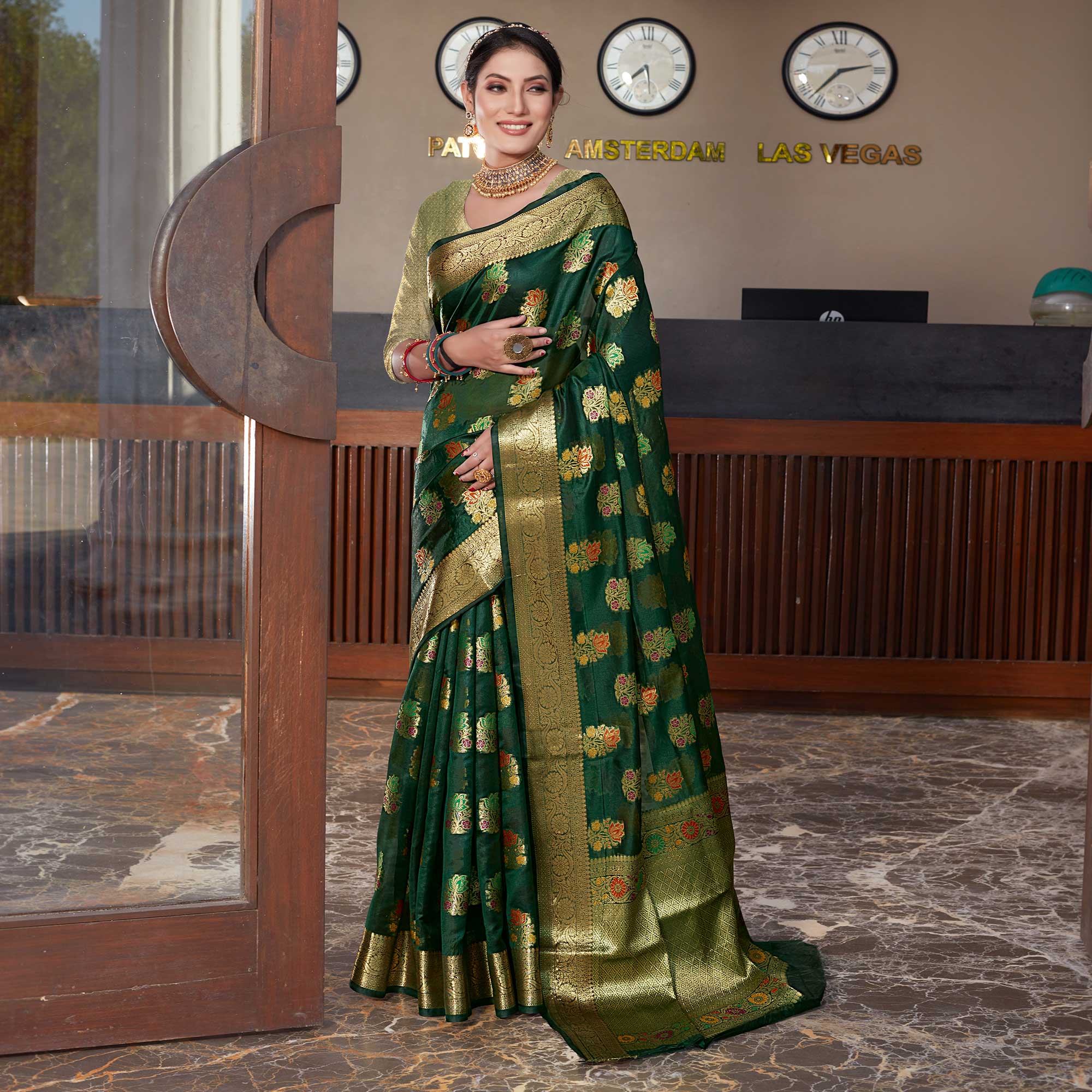 Peachmode Bottle Green Floral Woven Organza Saree - view 2