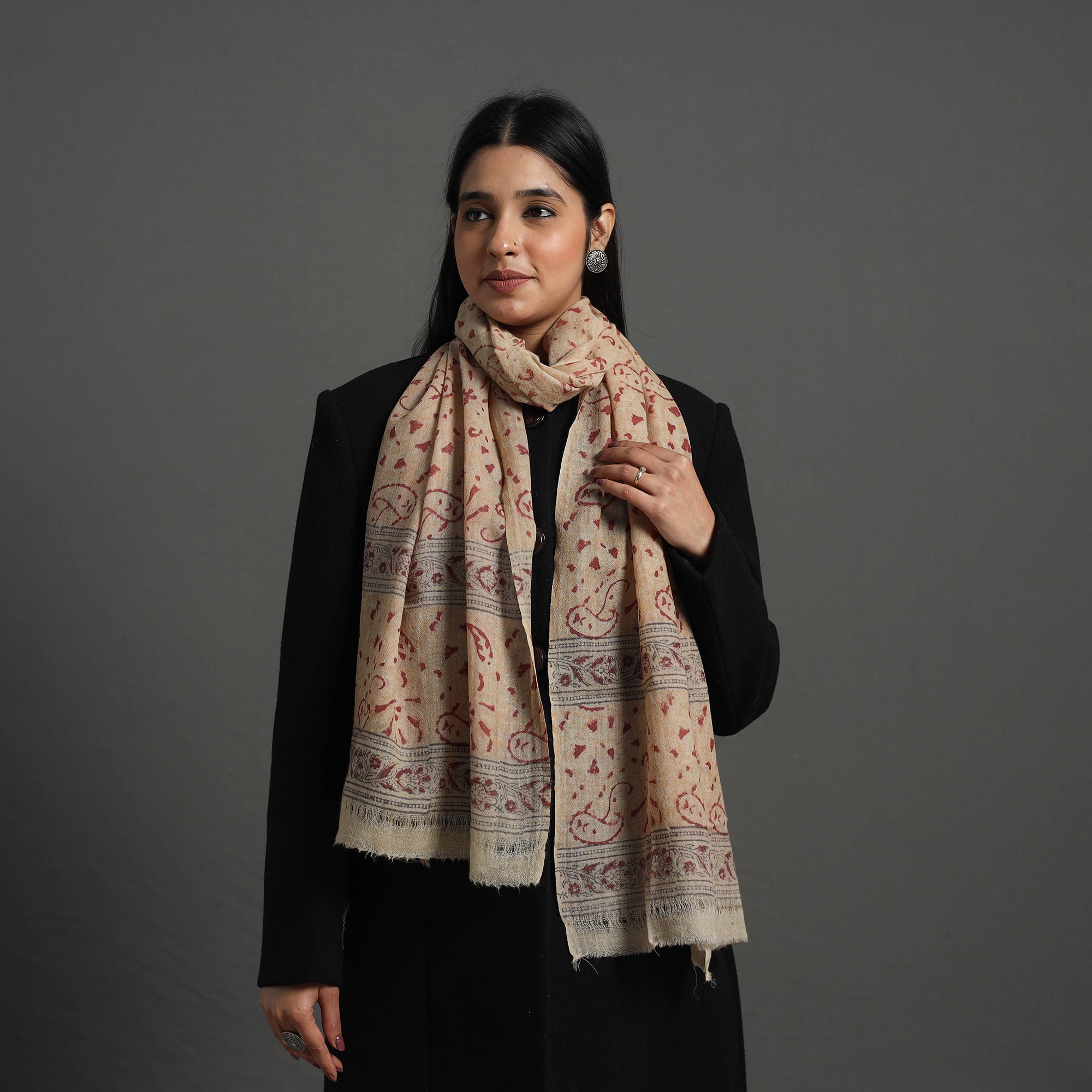 PITCHUKA SRINIVAS KALAMKARI PEDANA Beige - Block Print Pedana Kalamkari Wool Stole 23 - view 2