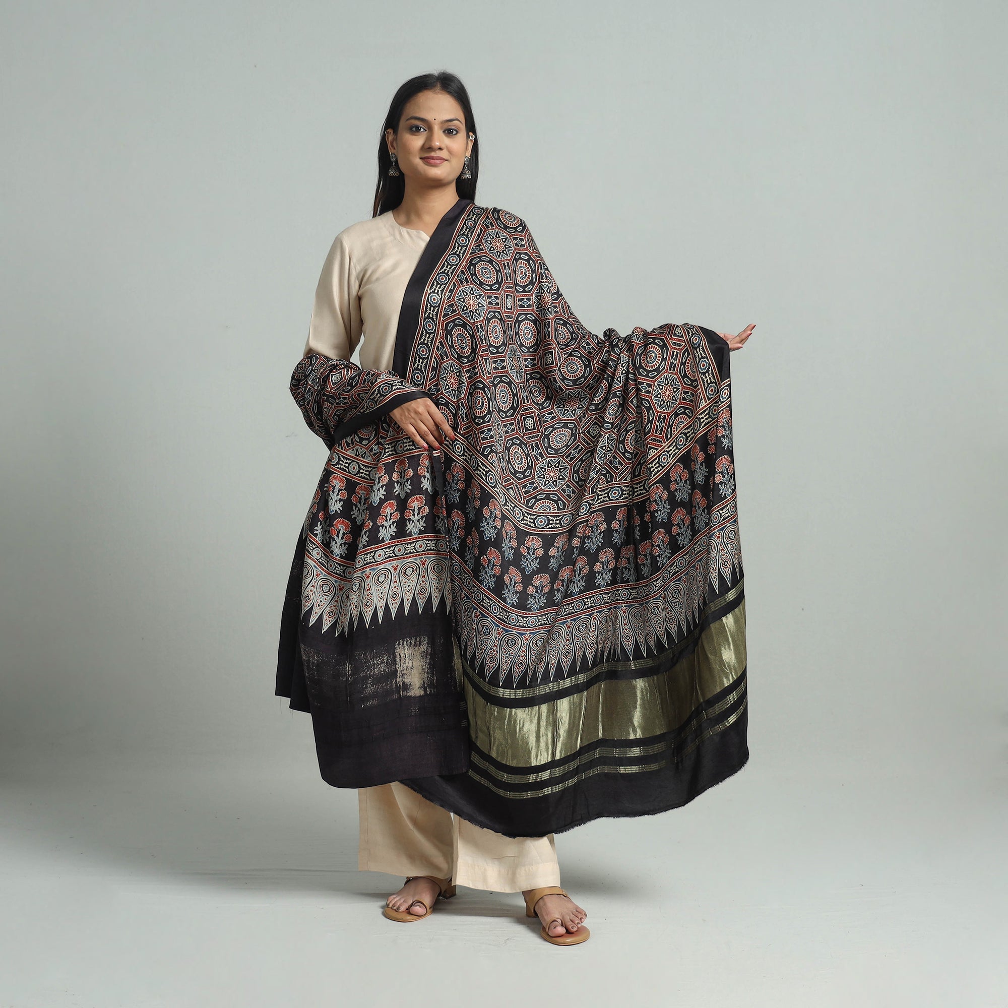 KACHCHH JI CHHAAP Black - Modal Silk Block Print Ajrakh Dupatta 83
