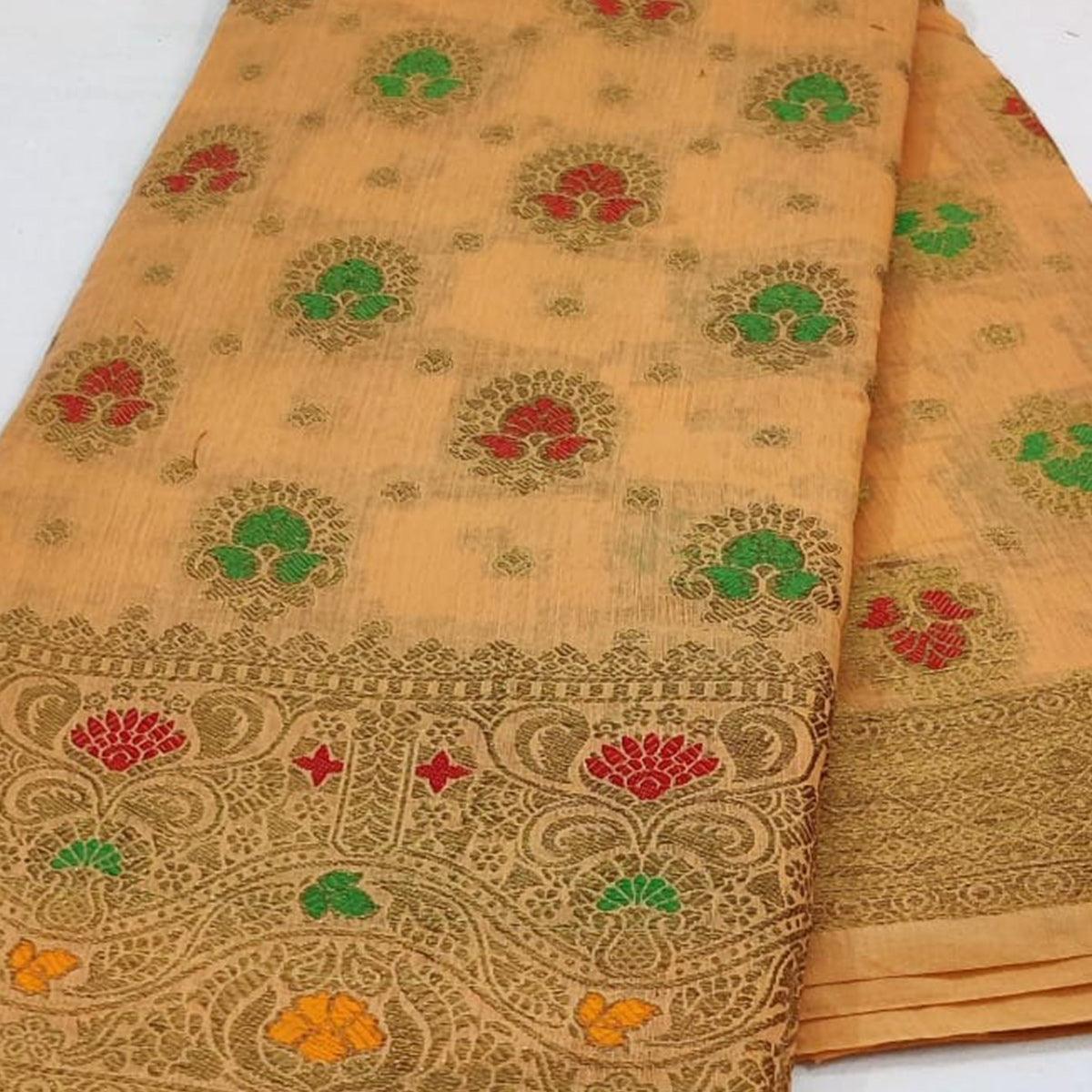 Peachmode Light Orange Festive Wear Floral Woven Cotton Saree With Meena Butta Pallu - view 2