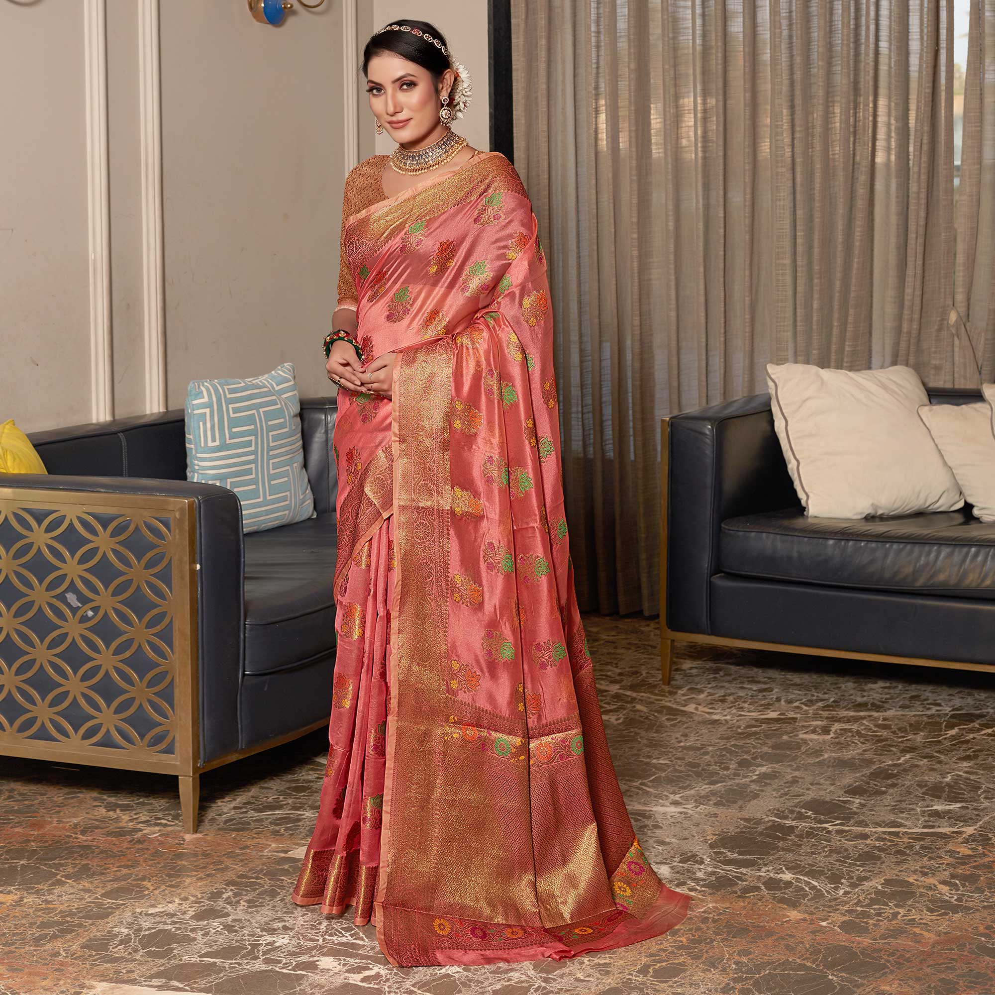 Peachmode Gajari Pink Floral Woven Organza Saree - view 2