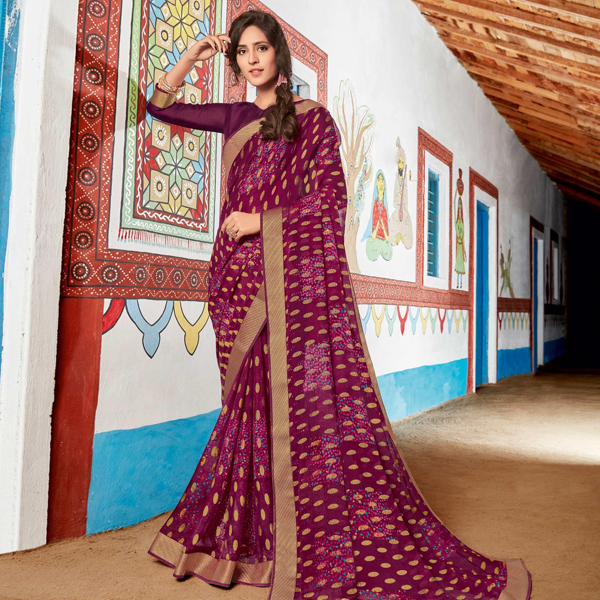 Peachmode Exotic Wine Coloured Partywear Printed Brasso Saree