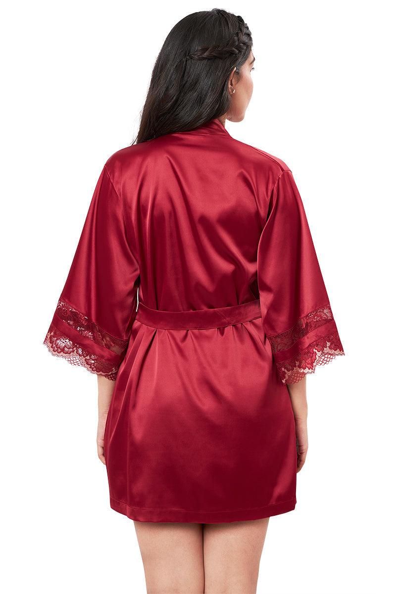 Amante Eternal Bliss Satin Lace Robe - Red Berry - view 2