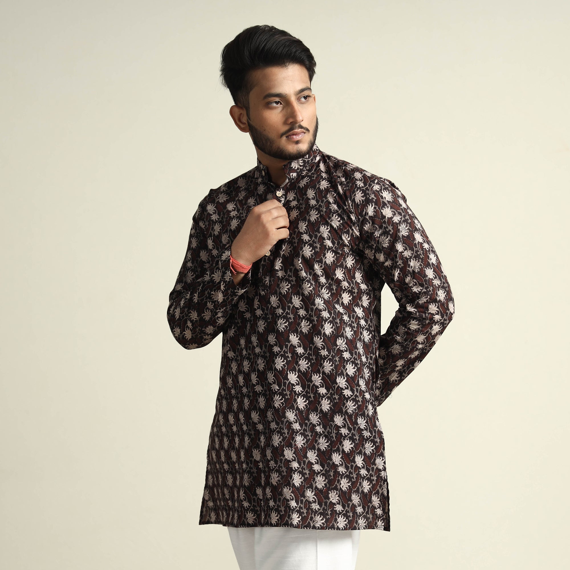 ITOKRI CASUALS Black with Lianas Jaal - Bagru Block Printed Cotton Men Short Kurta - view 3