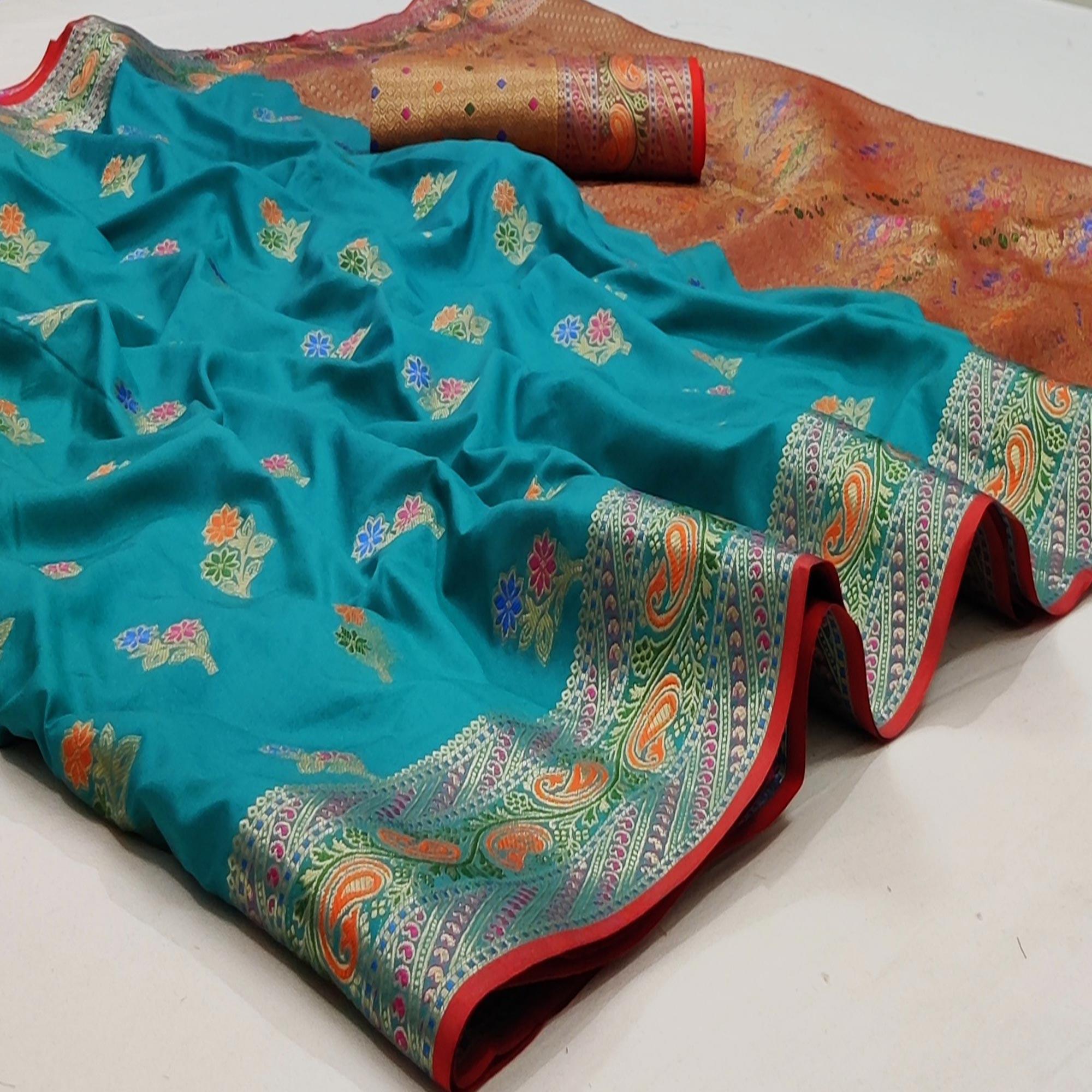 Peachmode Firozi Festive Wear Floral Woven Soft Silk Saree With Jacquard Border