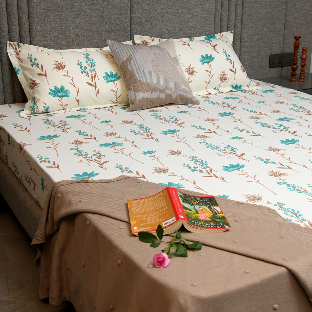 Urban Space -Home Furnishing Store Serene 200 TC 100% Cotton Bedsheet with Pillow Covers - Orchid Blooms - Turquoise - view 4