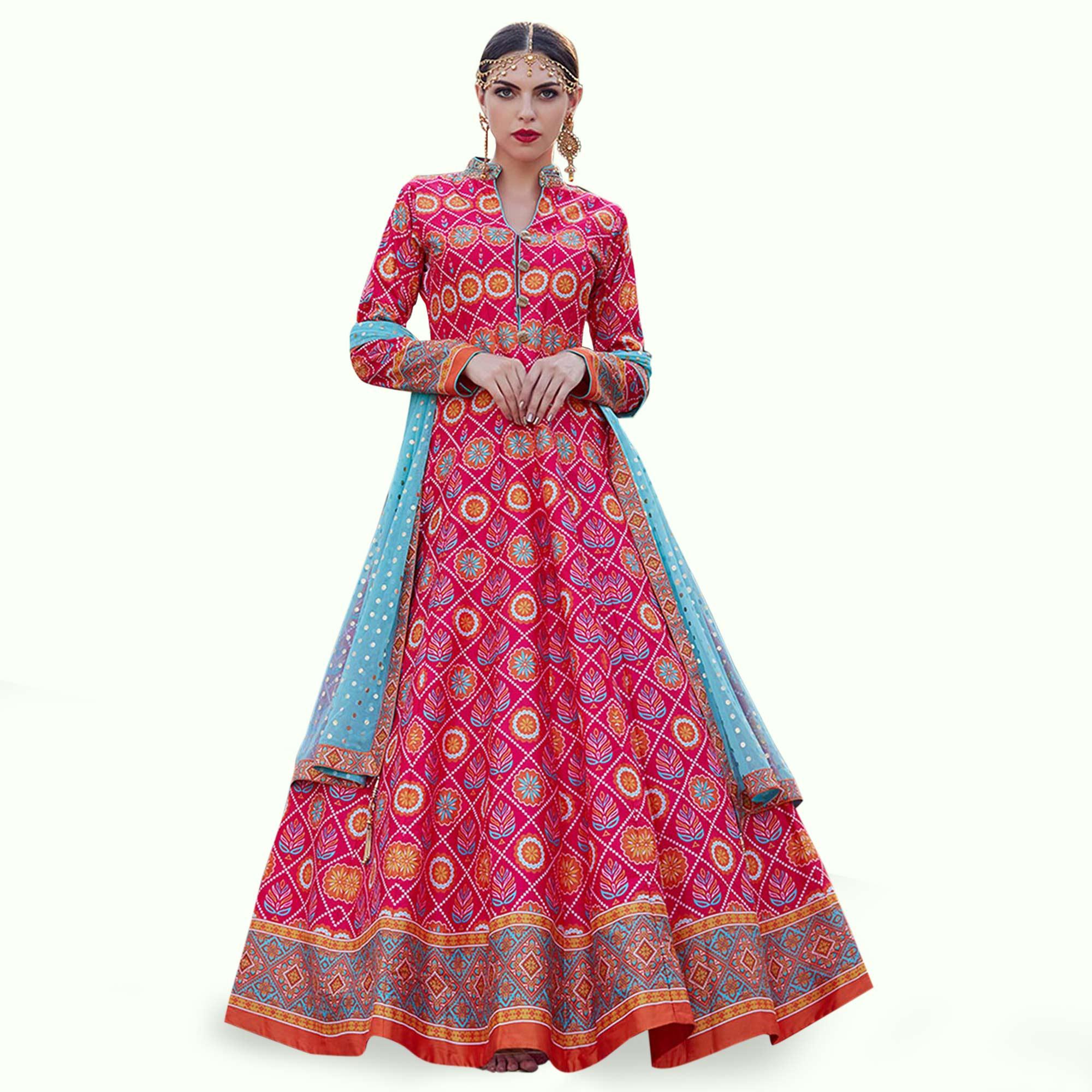Peachmode Seller Groovy Pink Colored Partywear Digital Printed Silk Gown