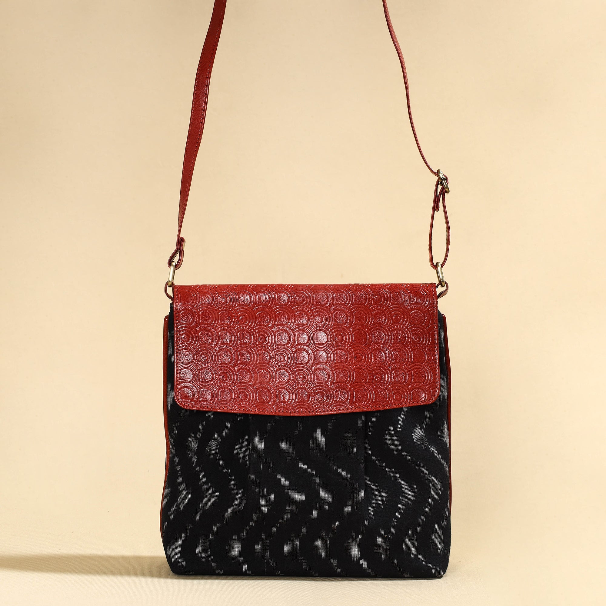 ASALKAAR Black - Handcrafted Ikat Fabric Sling Bag with Embossed Leather Flap