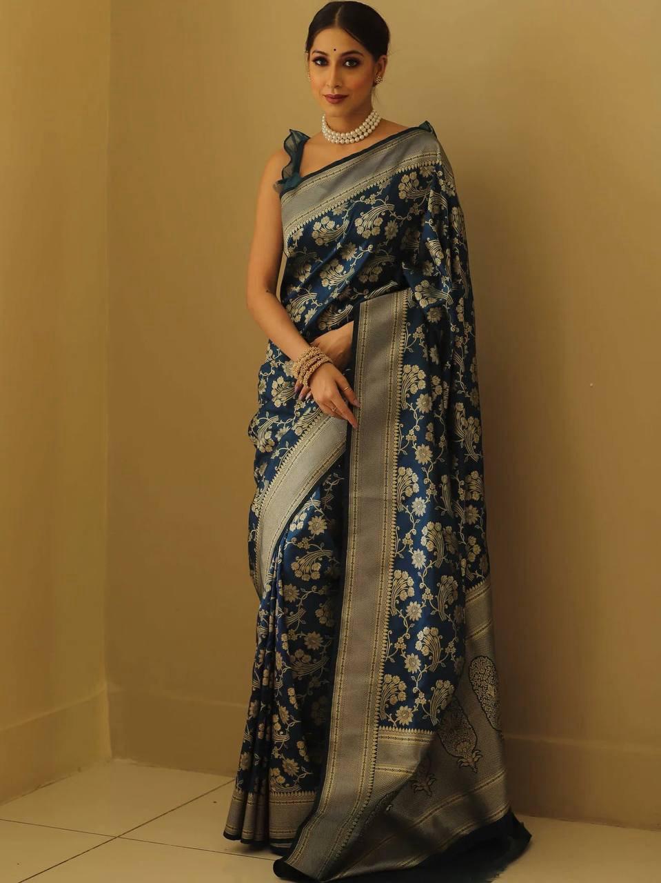 Shubh Classic Blue Soft Silk Saree With Aplomb Blouse Piece