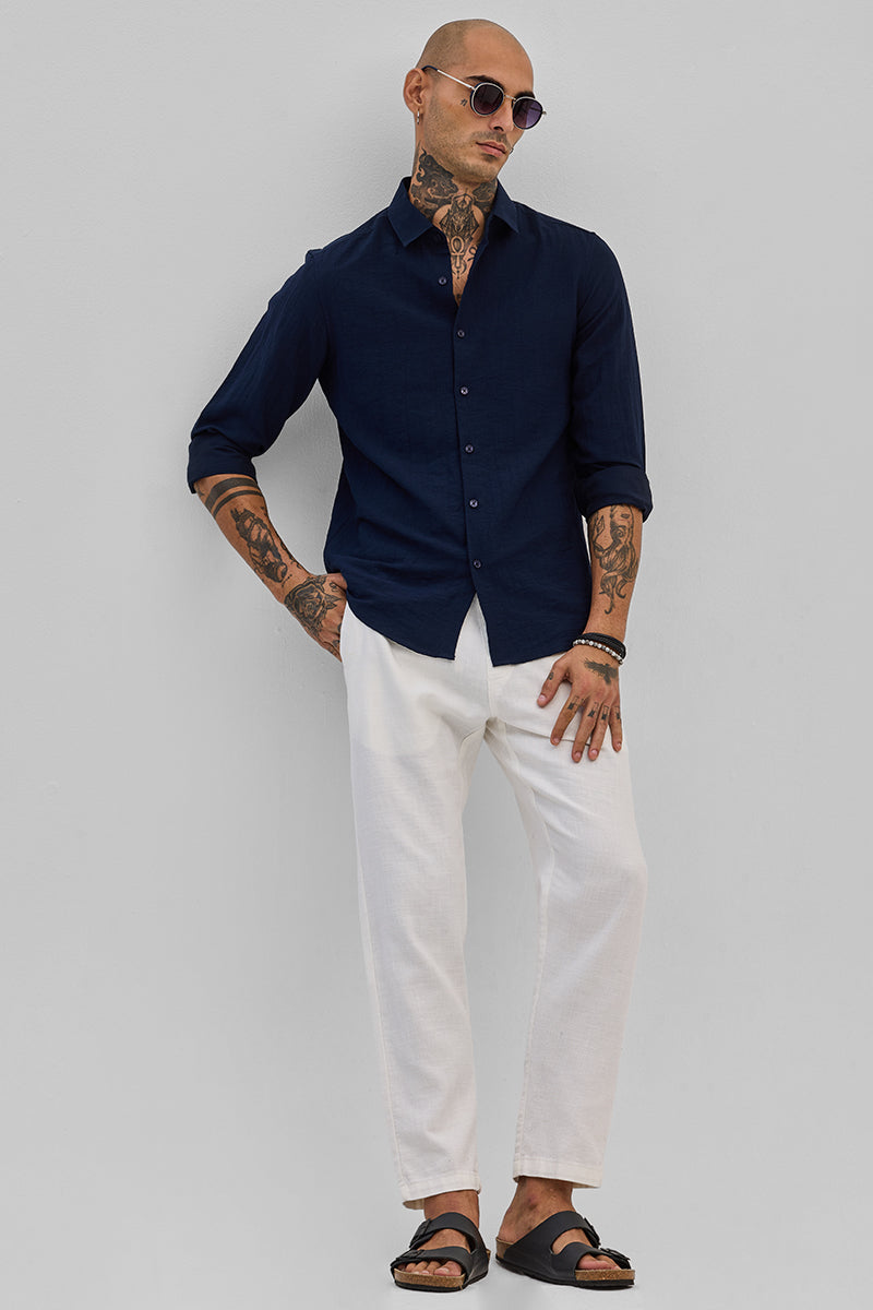 SNITCH Navy Slim Fit Linen Shirt - view 3