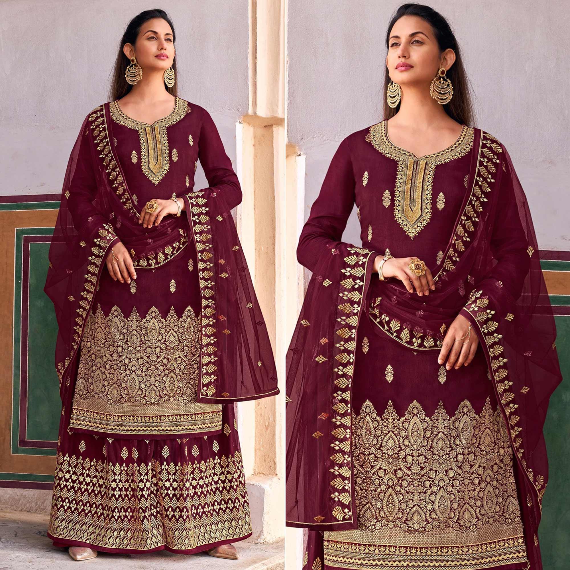 Peachmode Maroon Embroidered Dola Silk Palazzo Suit