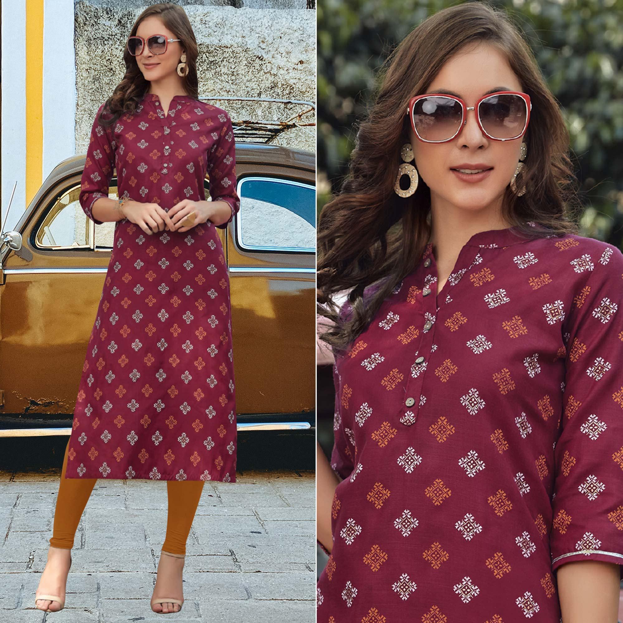Peachmode Seller Maroon Printed Cotton Blend Kurti