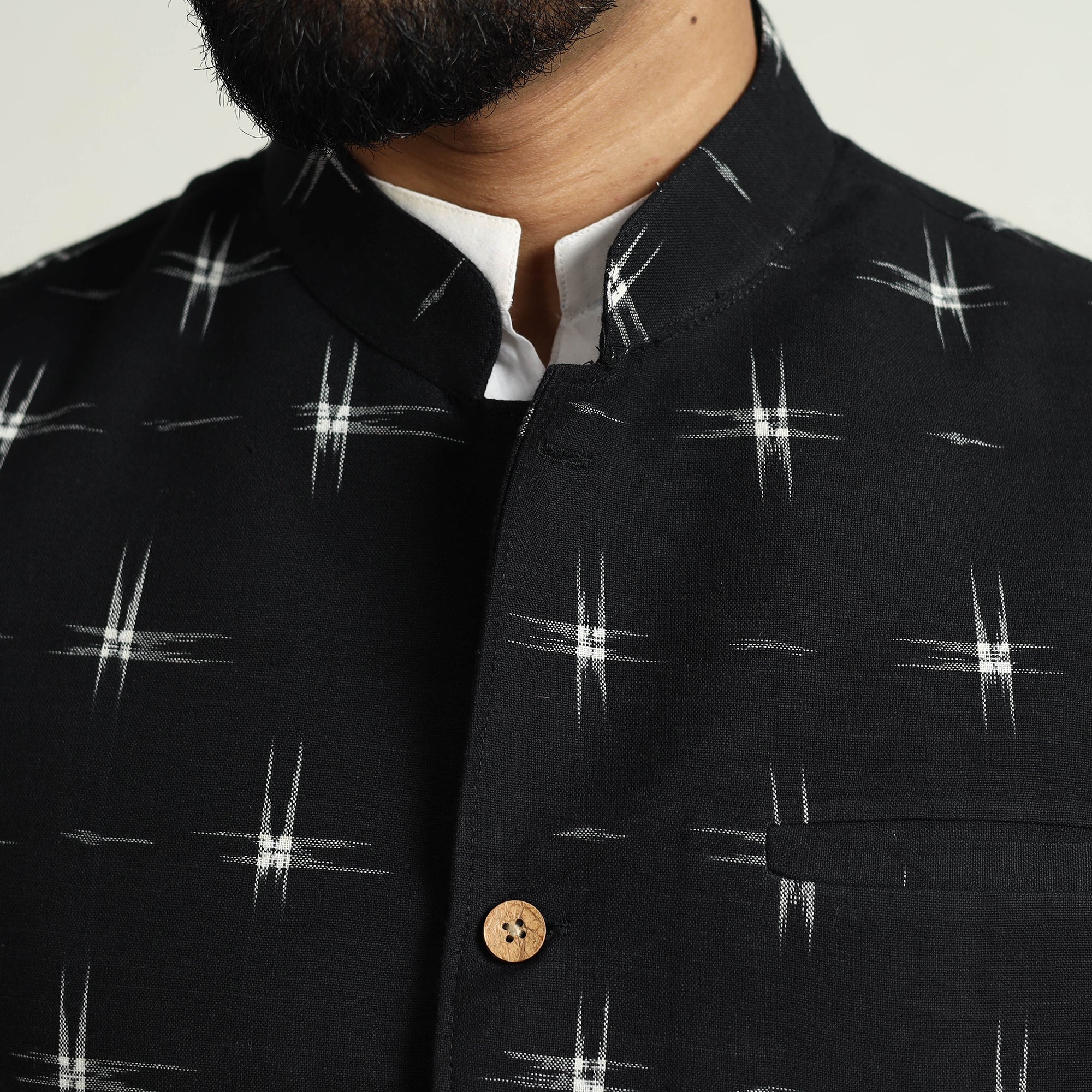 ITOKRI CASUALS Black - Pochampally Double Ikat Handloom Cotton Men Nehru Jacket 04 - view 6