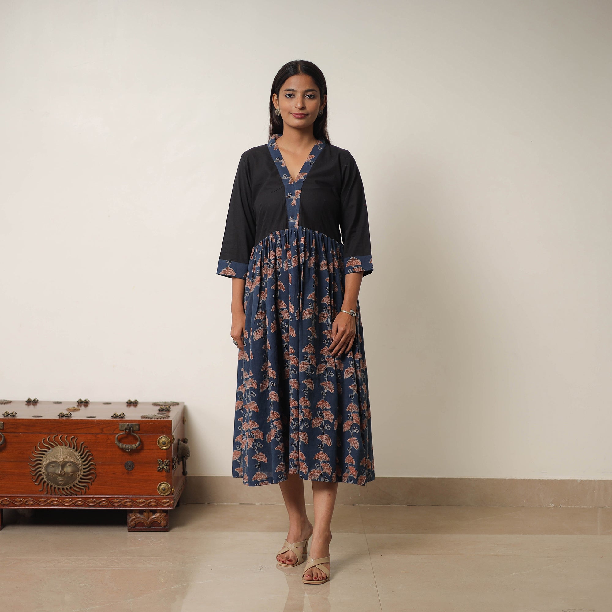 ITOKRI CASUALS Blue - Hand Block Print Cotton Flared Gher Ajrakh Dress 01 - view 5
