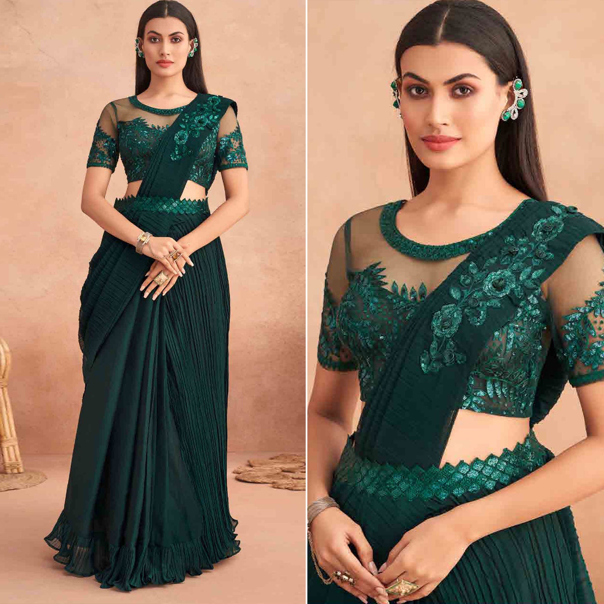 Peachmode Seller Bottle Green Sequins Embroidered Ready to Wear Chiffon Saree