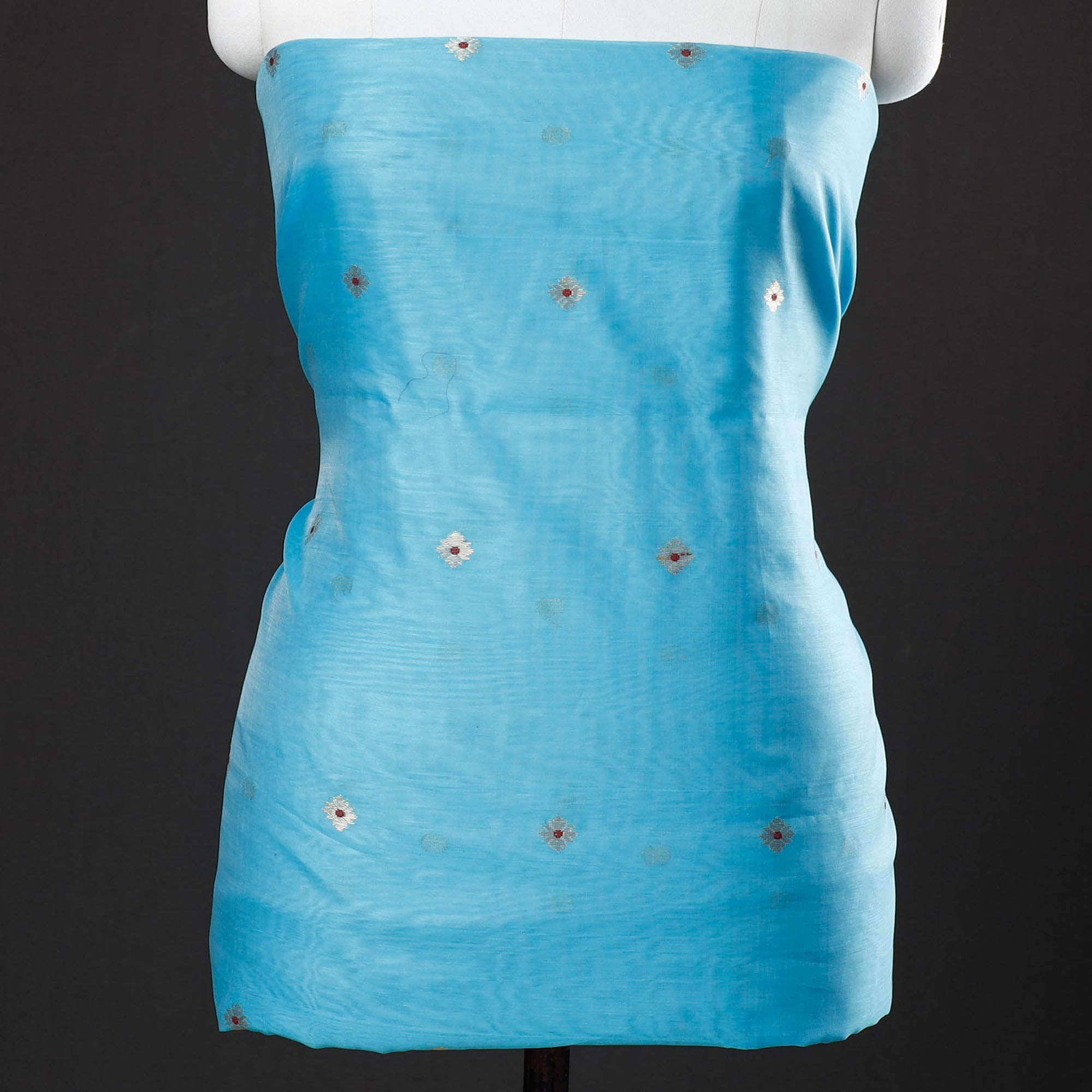 ITOKRI CRAFTS INITIATIVE Blue - 3pc Chanderi Silk Cotton Handloom Flower Zari Buta Suit Material Set - view 3