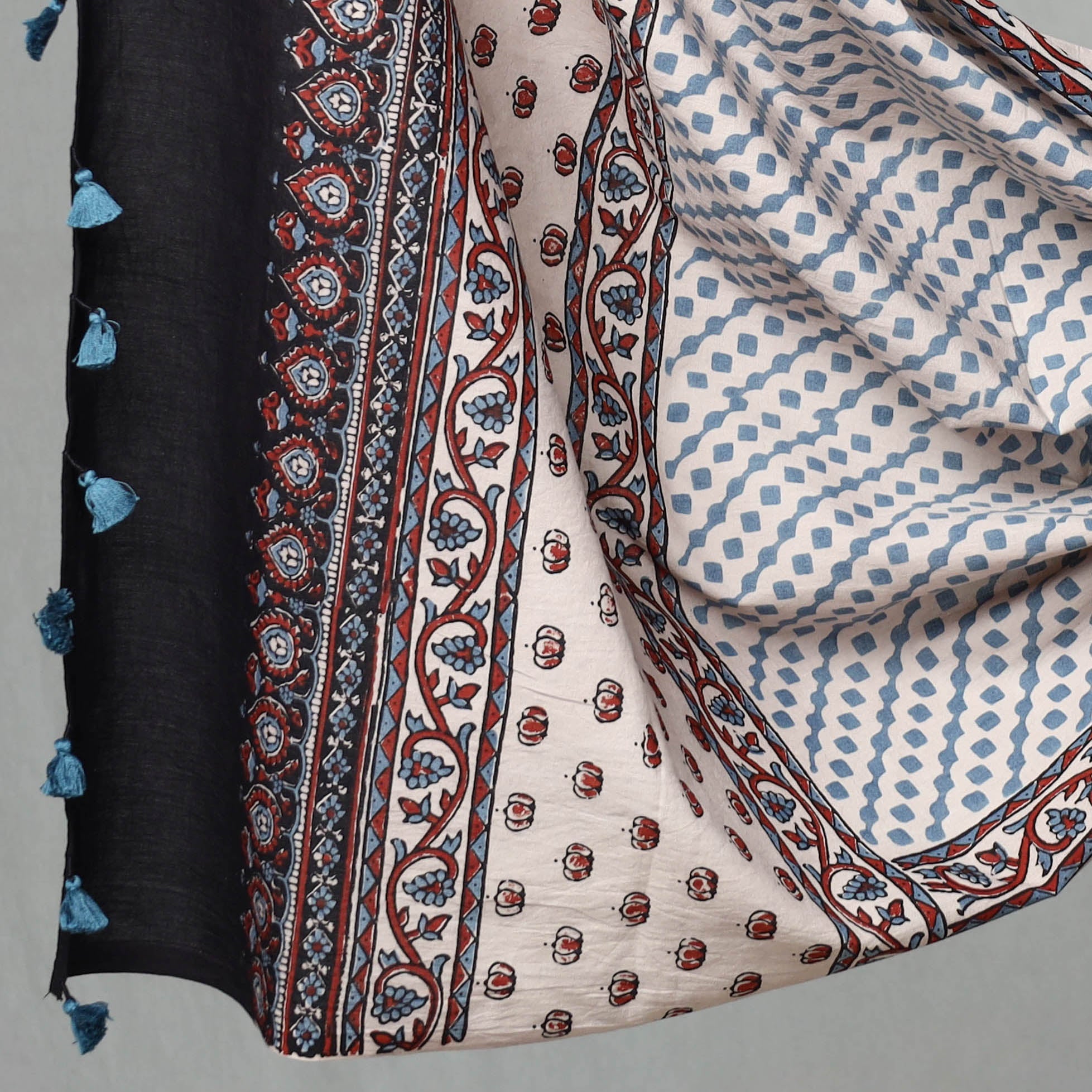 AJRAKH BY JABBAR KHATRI Black - 3pc Ajrakh Block Printed Natural Dyed Cotton Suit Material Set 07 - view 4