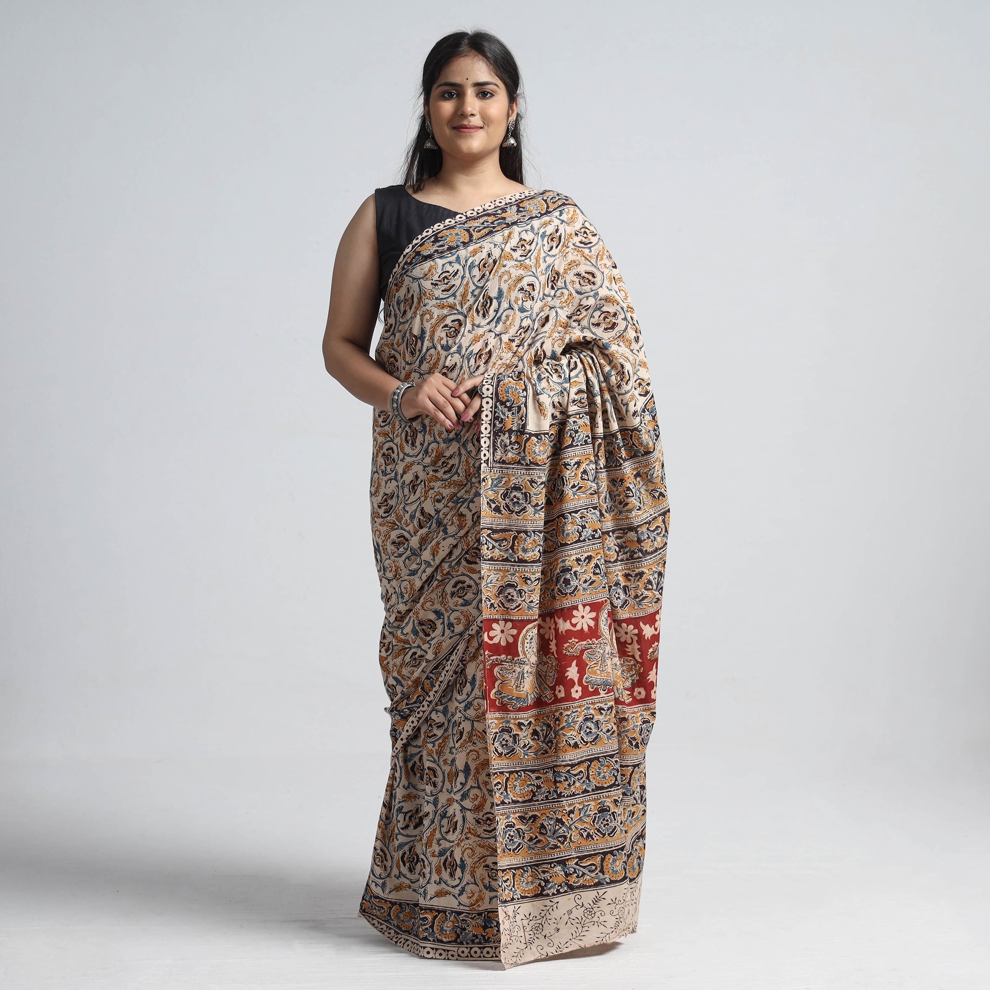 VENKATA BHANU KALAMKARI PEDANA Beige - Pedana Block Print Cotton Kalamkari Saree